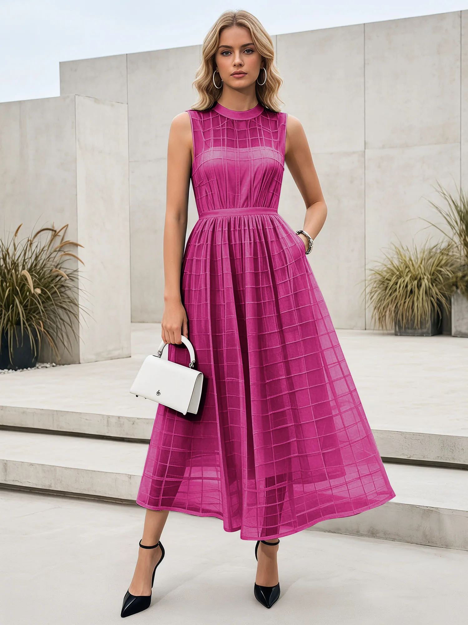 Sleeveless Grid Mesh A-Line Midi Evening Dress