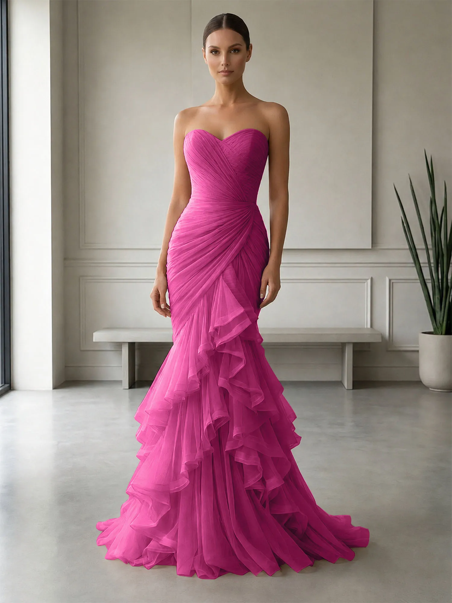 Strapless Ruched Tulle Mermaid Evening Gown Maxi Dress
