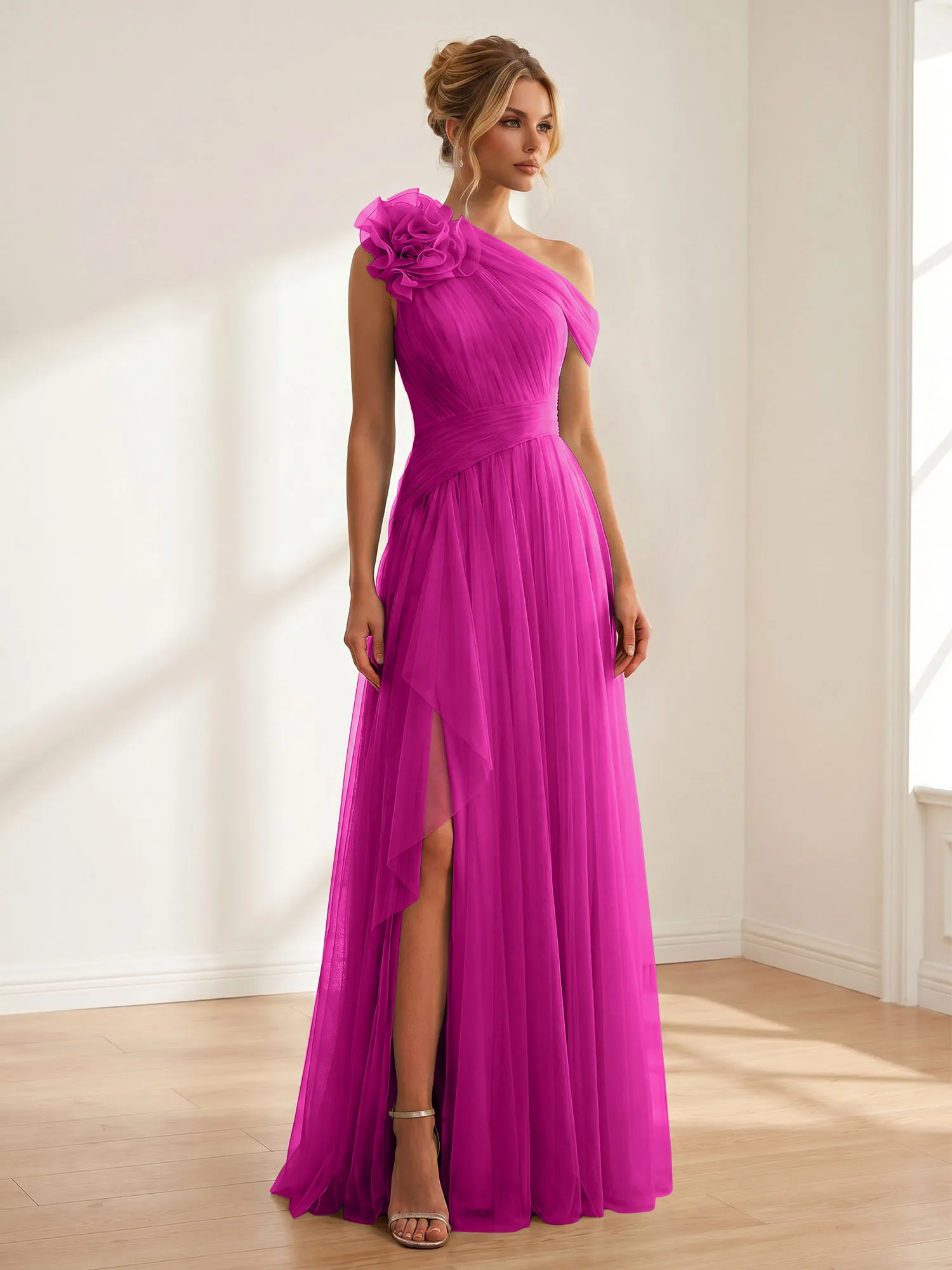One-Shoulder Tulle Evening Gown with Floral Accent