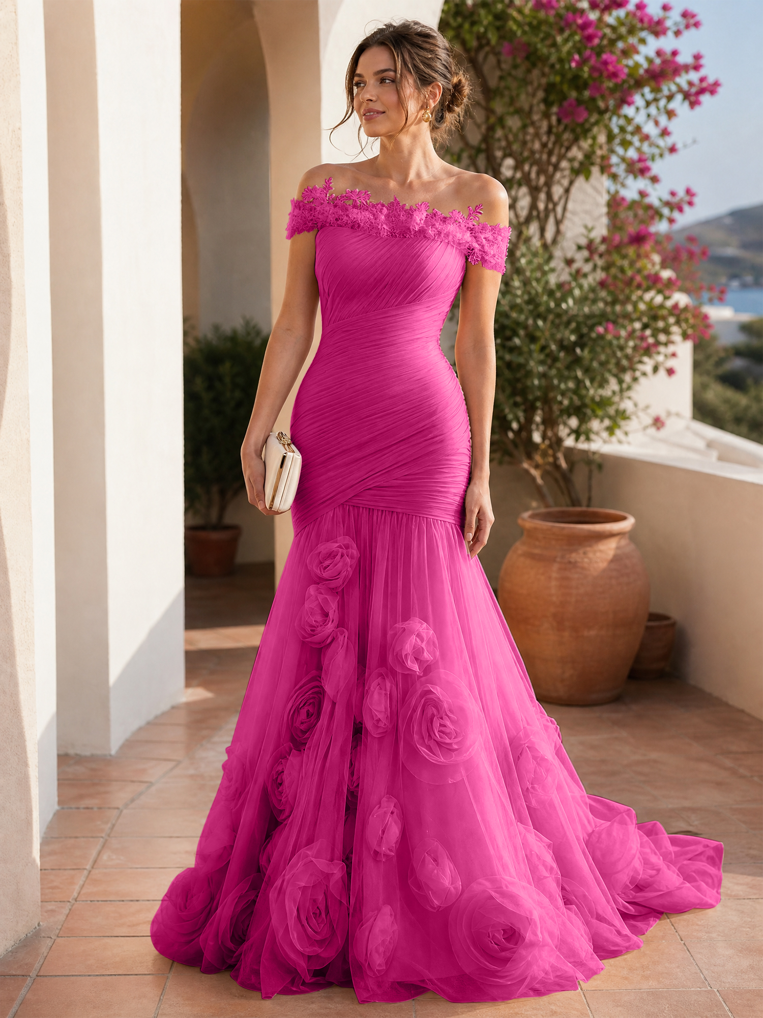 Romantic Blushing Rose Off-the-Shoulder Mermaid Formal Evening Dress 