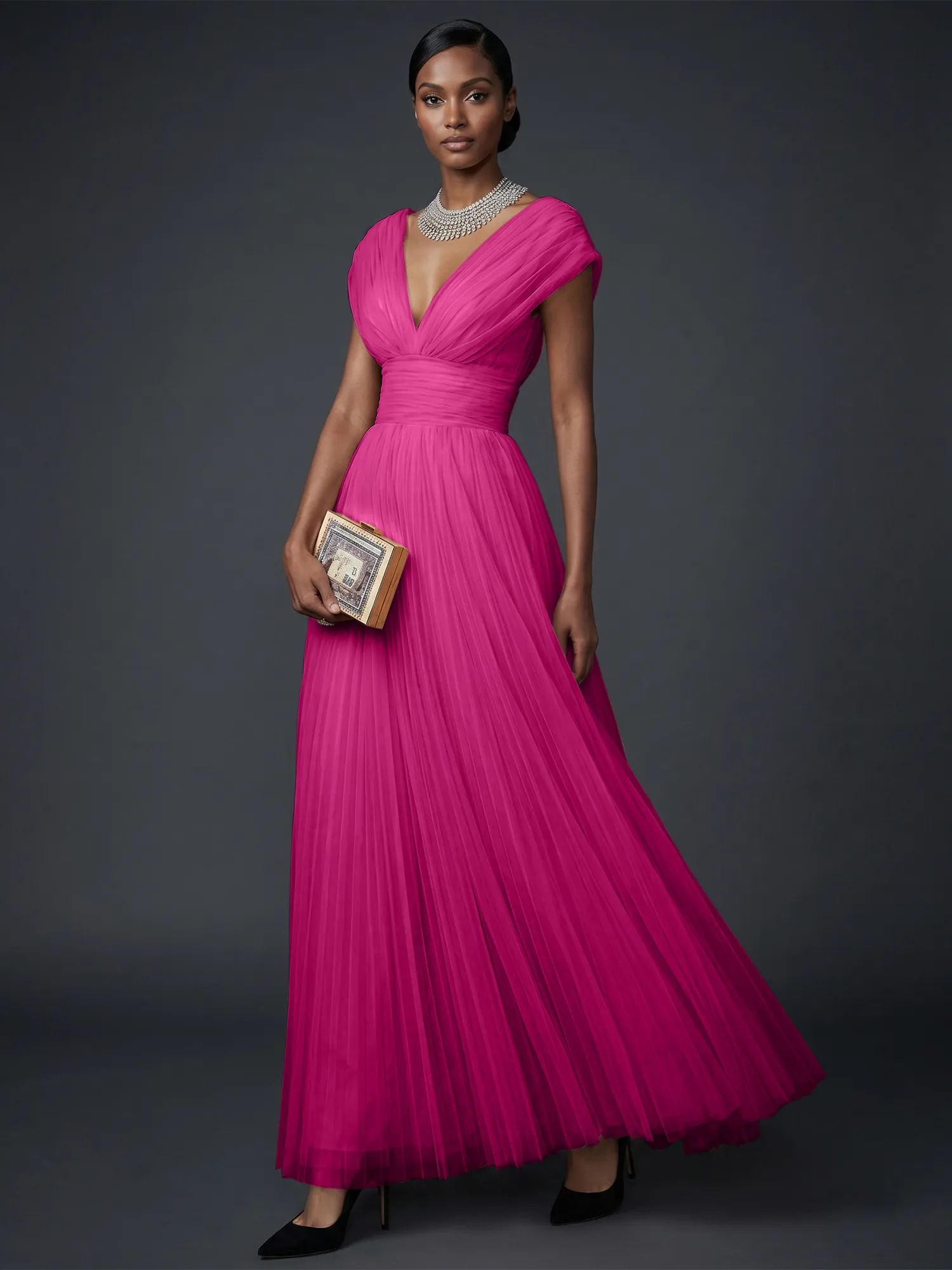 Draped V-Neck Pleated Tulle Evening Gown Maxi Dress