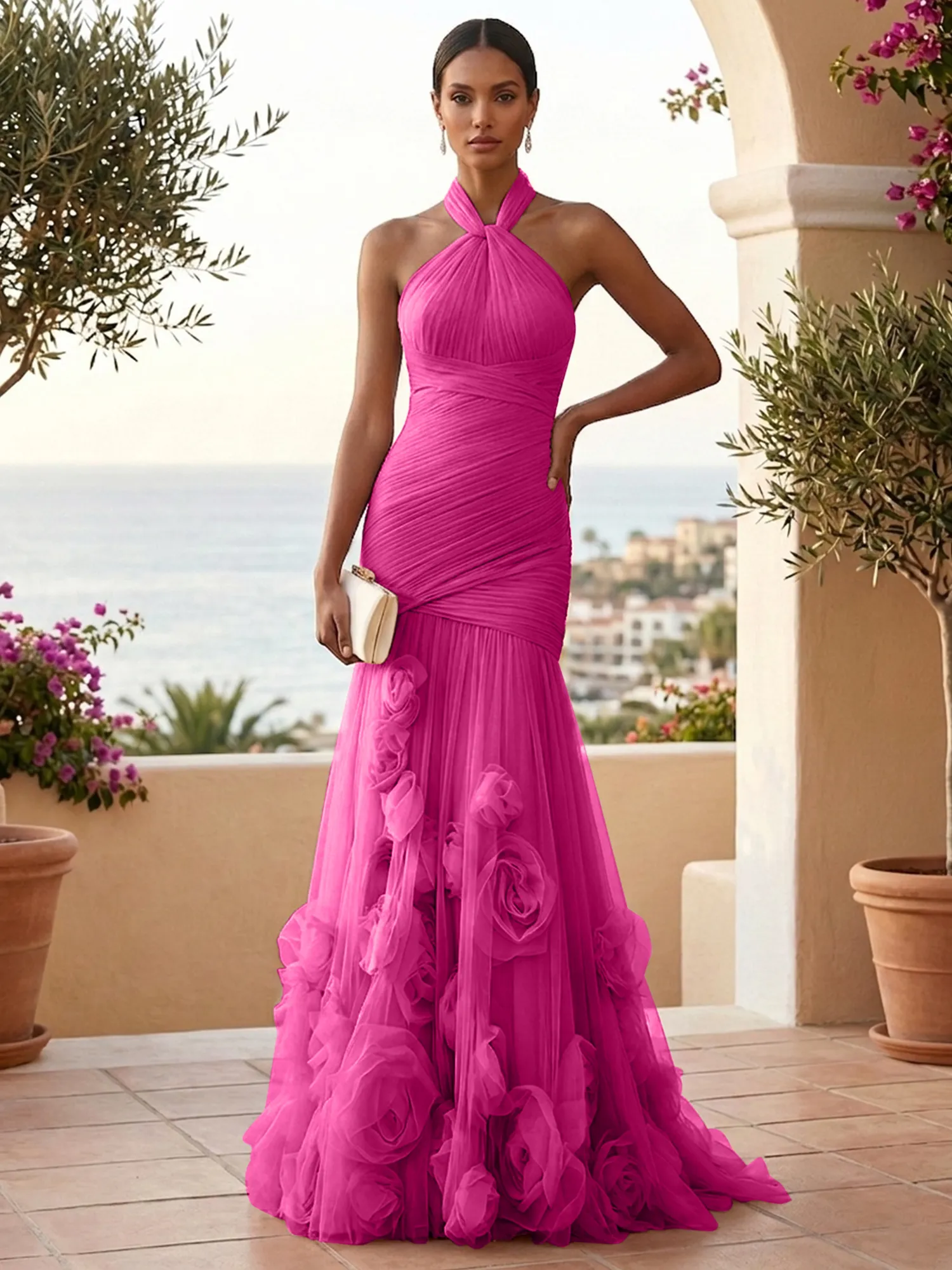 Halter Neck Ruched Tulle Mermaid Gown with 3D Floral Appliqués