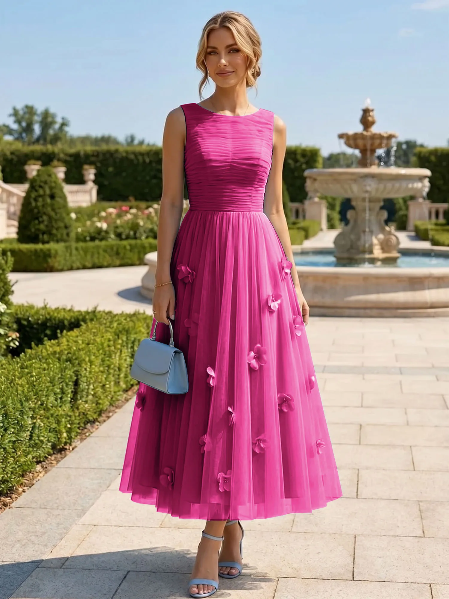A Line Sleeveless Tulle Midi Dress with 3D Floral Appliqués