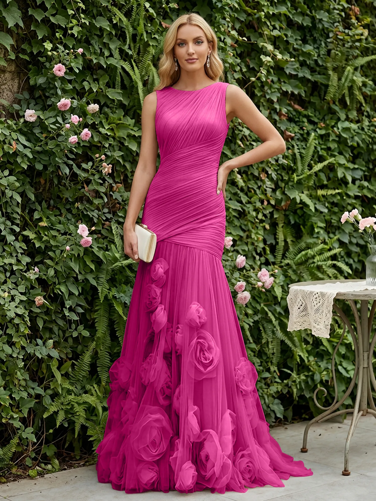 Round Neck Ruched Tulle Mermaid Gown with 3D Floral Appliqués