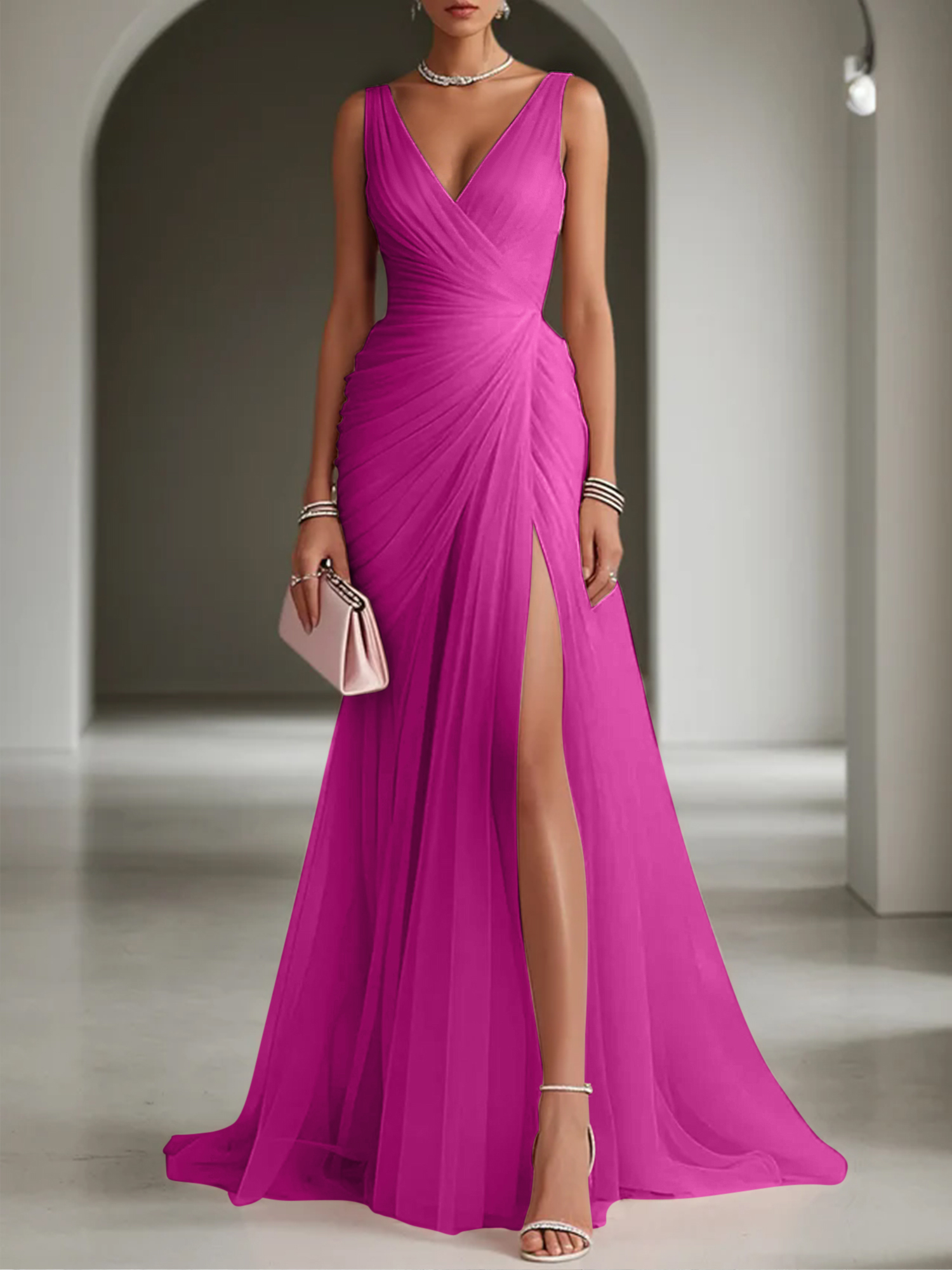 Pink Ruched Slit Tulle V Neck One Shoulder Sheath Gown Dress