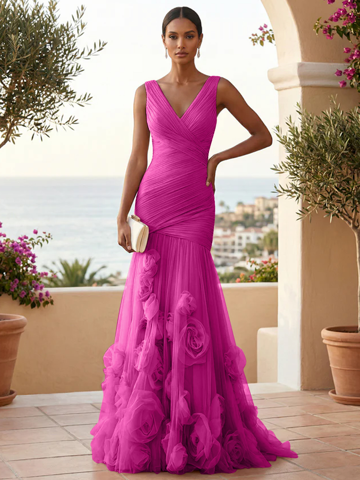 Sweetheart Tulle V Neck Pleat Mermaid Evening Dresses with 3D Flower