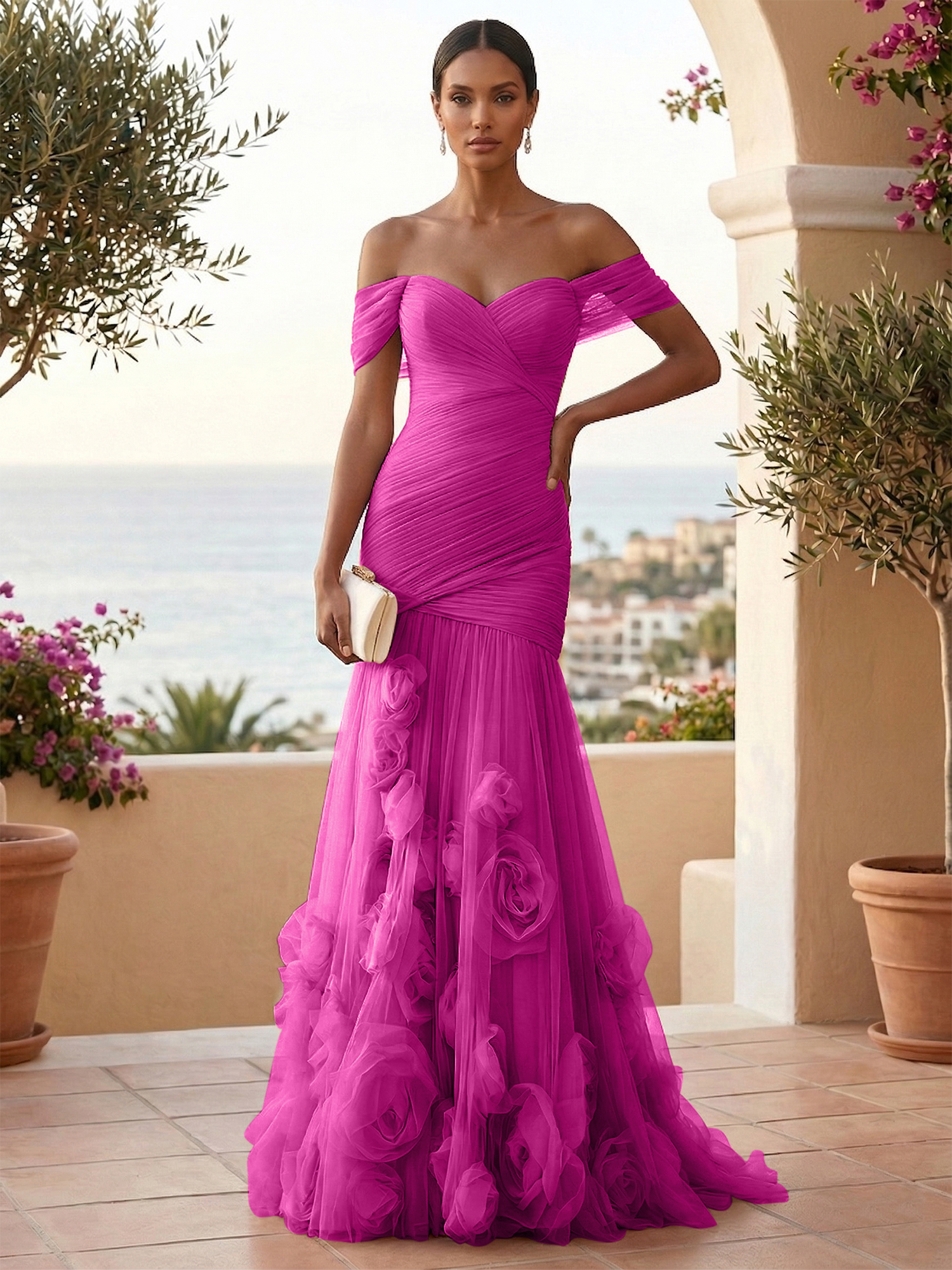 Sweetheart Tulle Off the Shoulder Pleat Mermaid Evening Dresses with 3D Flower