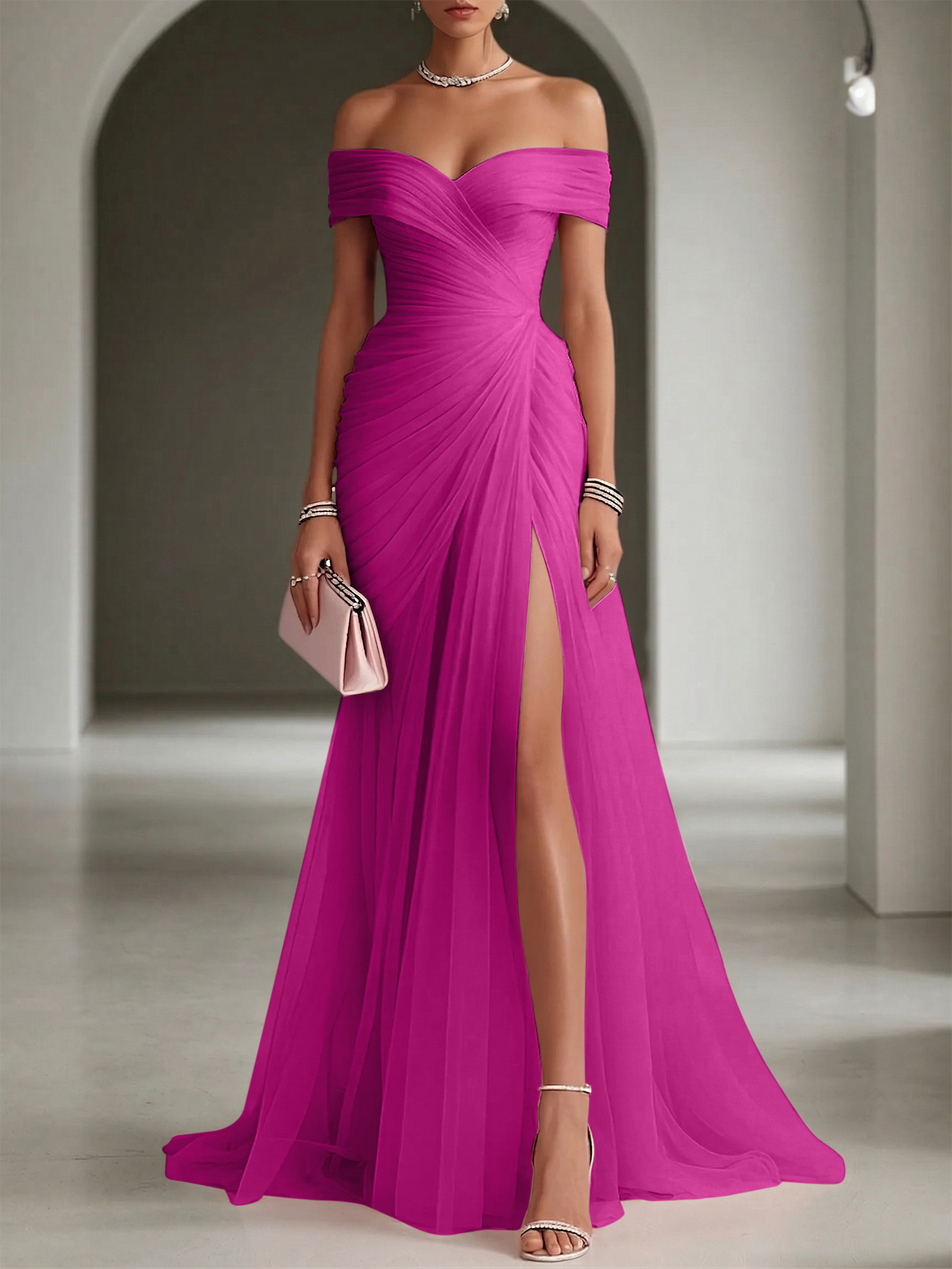 Blush Ruched Slit Tulle Off the Shoulder Sleeveless Sheath Gown Dress