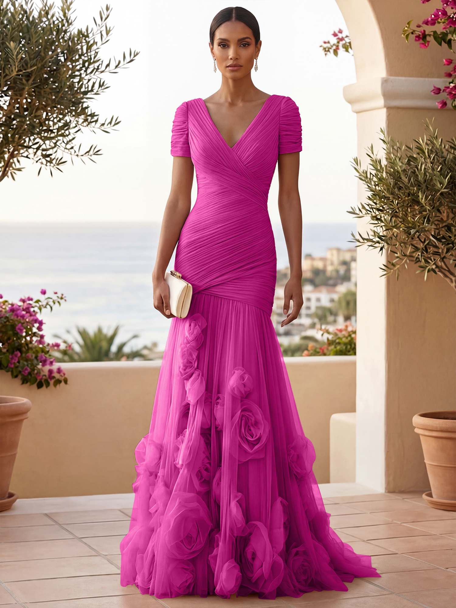 Sweetheart Tulle Short Sleeves Pleat Mermaid Evening Dresses with 3D Flower