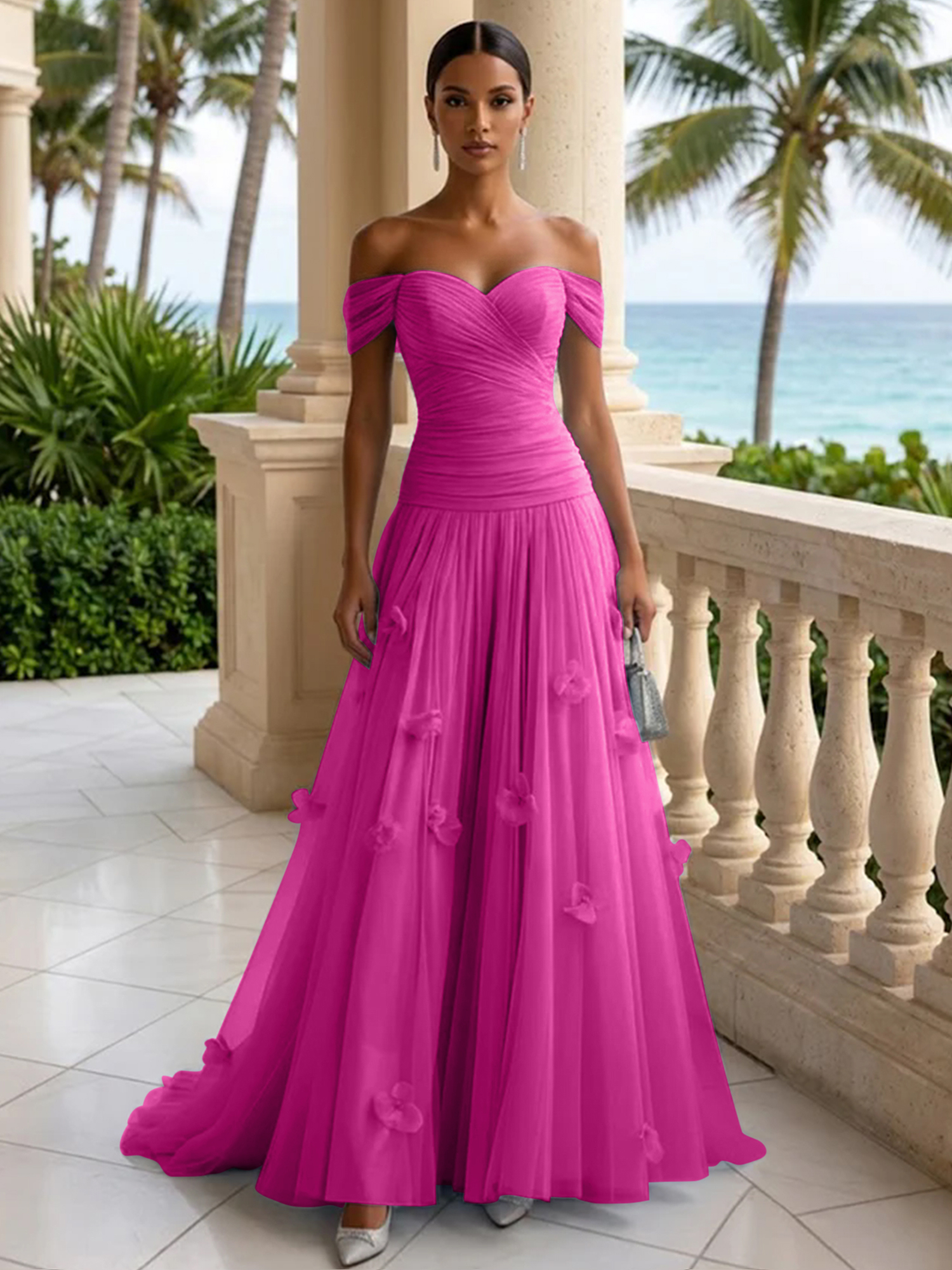 Elegant Off-the-Shoulder Ruched Tulle A-Line Evening Gown with 3D Floral Appliqués