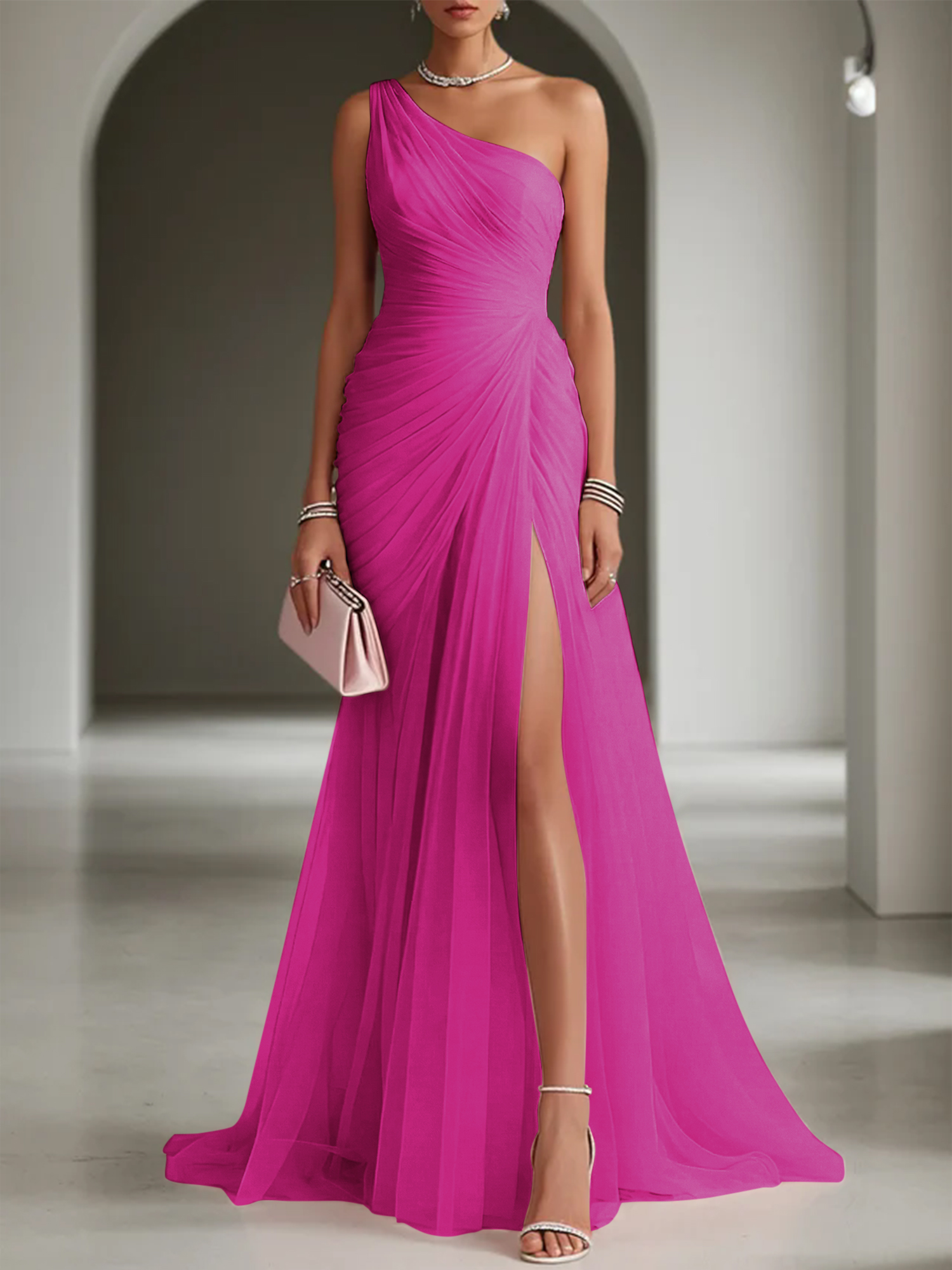 Pink Ruched Slit Tulle Strapless One Shoulder Sheath Gown Dress
