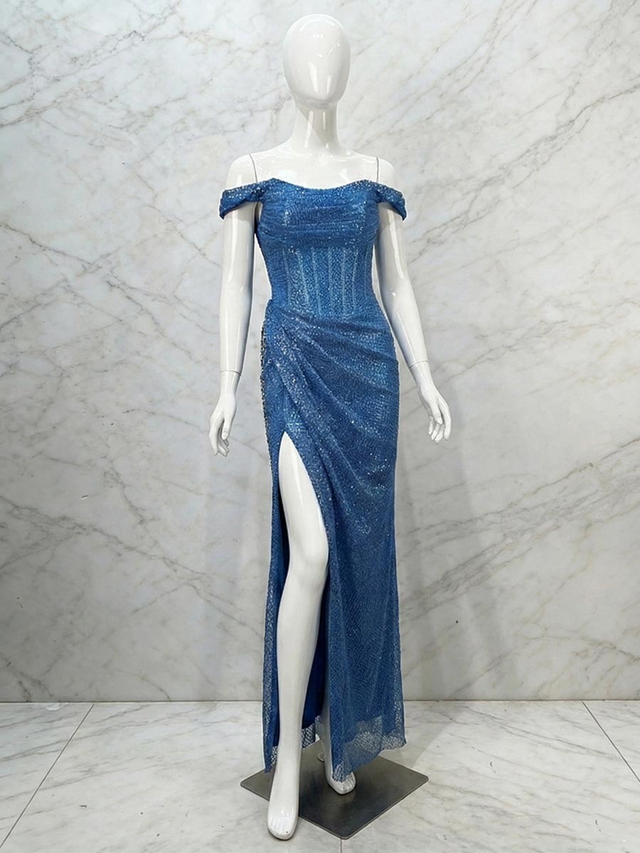  Glamorous Sequin Off-the-Shoulder Corset Long Prom Dress with Thigh-High Slit