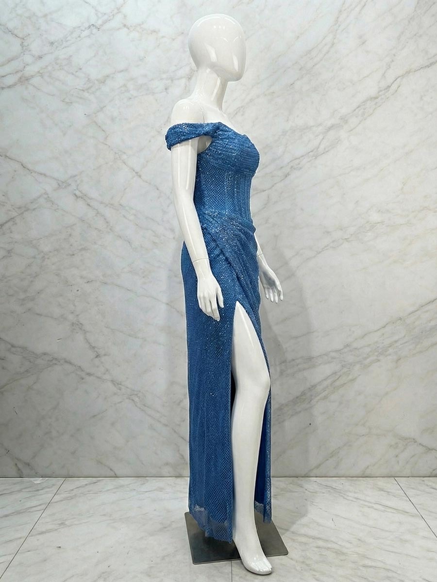  Glamorous Sequin Off-the-Shoulder Corset Long Prom Dress with Thigh-High Slit