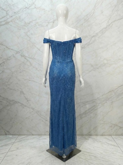  Glamorous Sequin Off-the-Shoulder Corset Long Prom Dress with Thigh-High Slit