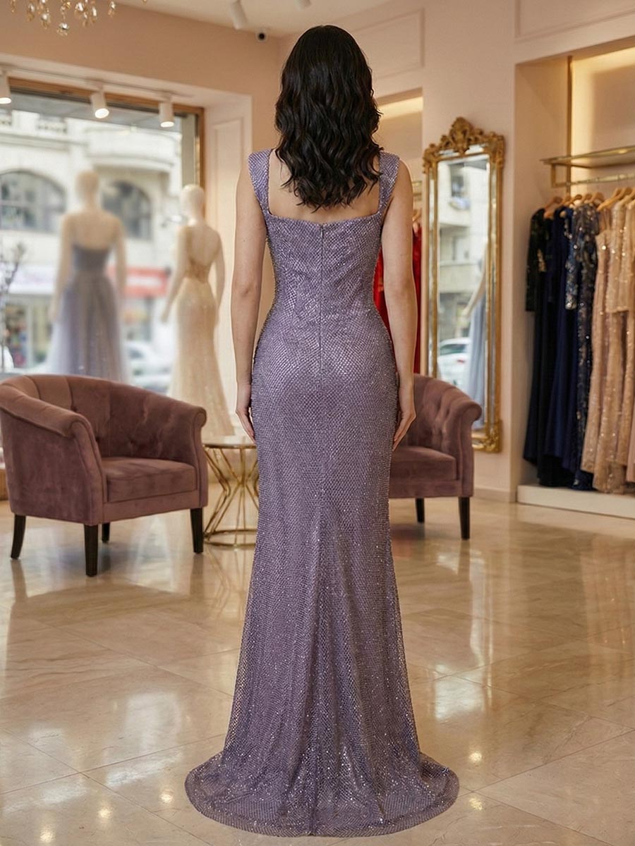Elegant Lavender Shimmer Ruched Evening Long Prom Dress with Wide Straps and Side Slit