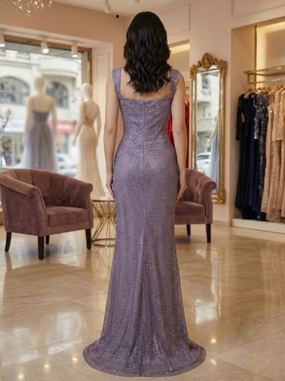 Elegant Lavender Shimmer Ruched Evening Long Prom Dress with Wide Straps and Side Slit