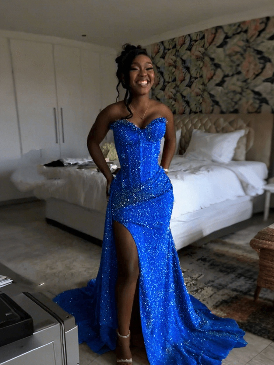 Glitter Strapless Mermaid Sequined Long Prom Dress with Slit