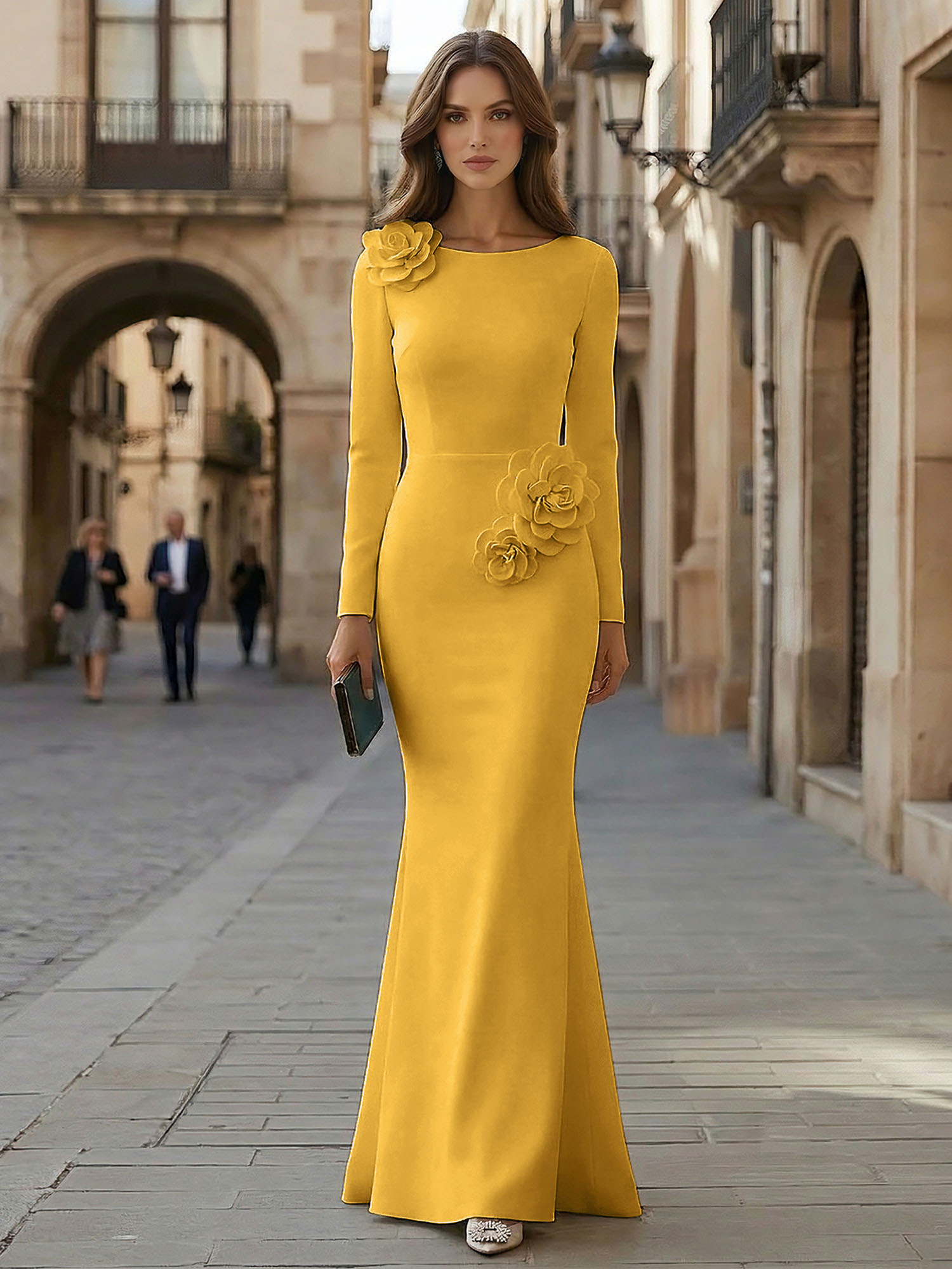 Elegant Pure White Formal Evening Dress Long-Sleeve 3D Floral Crepe Maxi Dress Gown