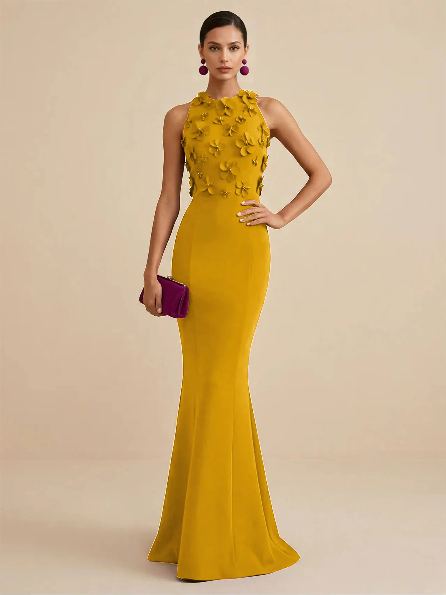 Scoop Neck 3D Floral Appliqué Crepe Mermaid Evening Gown
