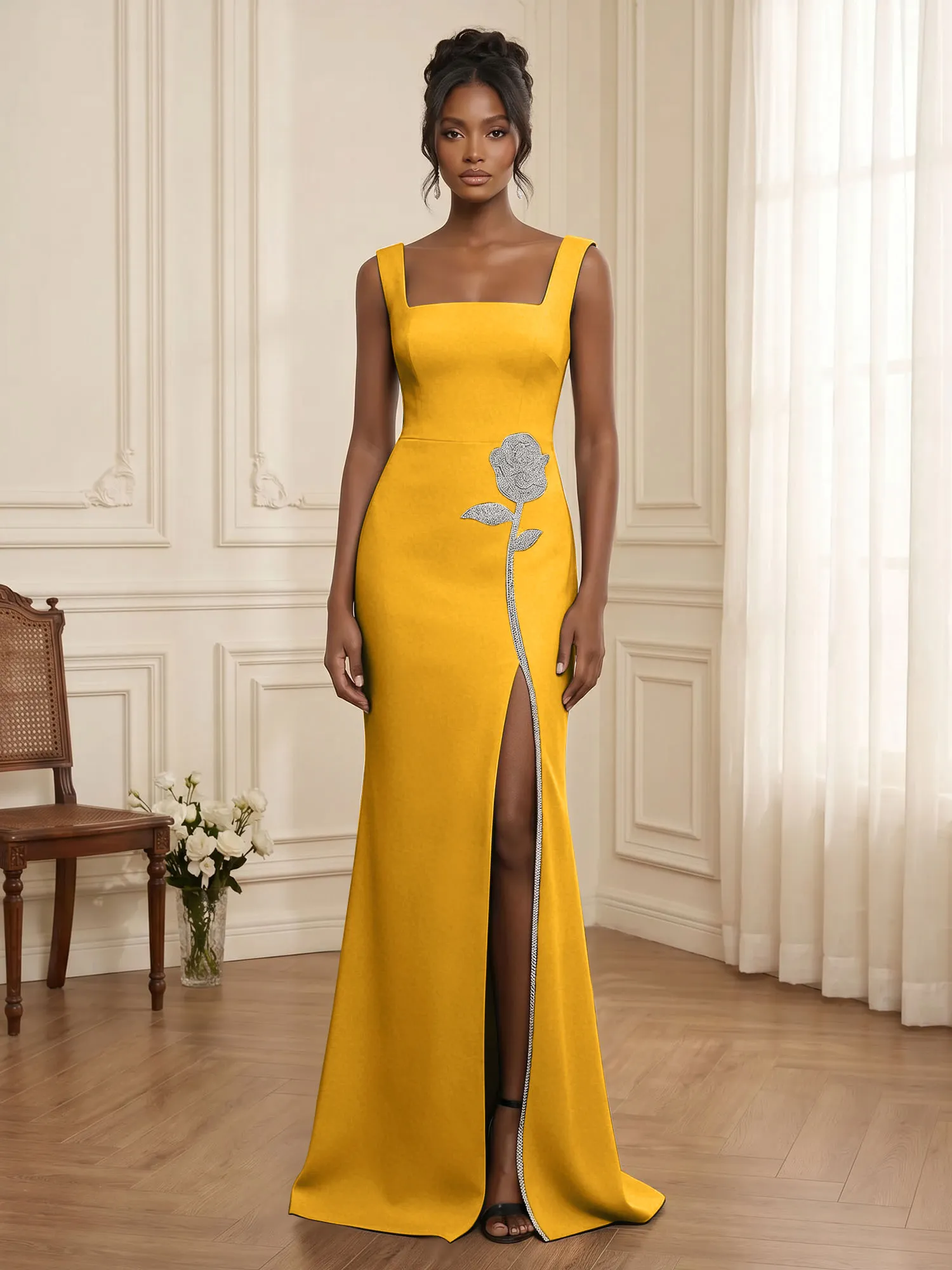 Square Neck Crystal Rose Appliqué Crepe Mermaid Evening Gown