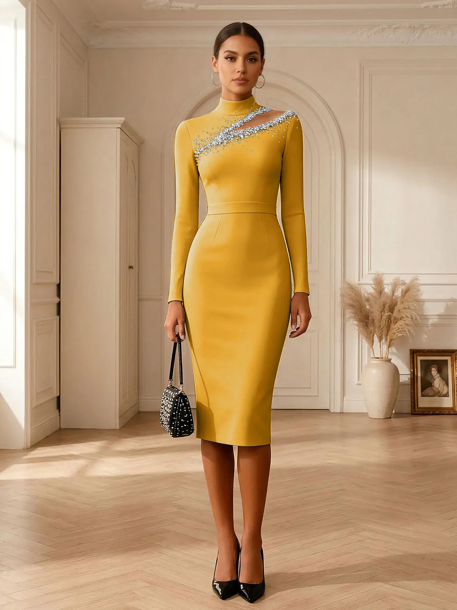 High Neck Cutout Rhinestone Knit Midi Evening Dress