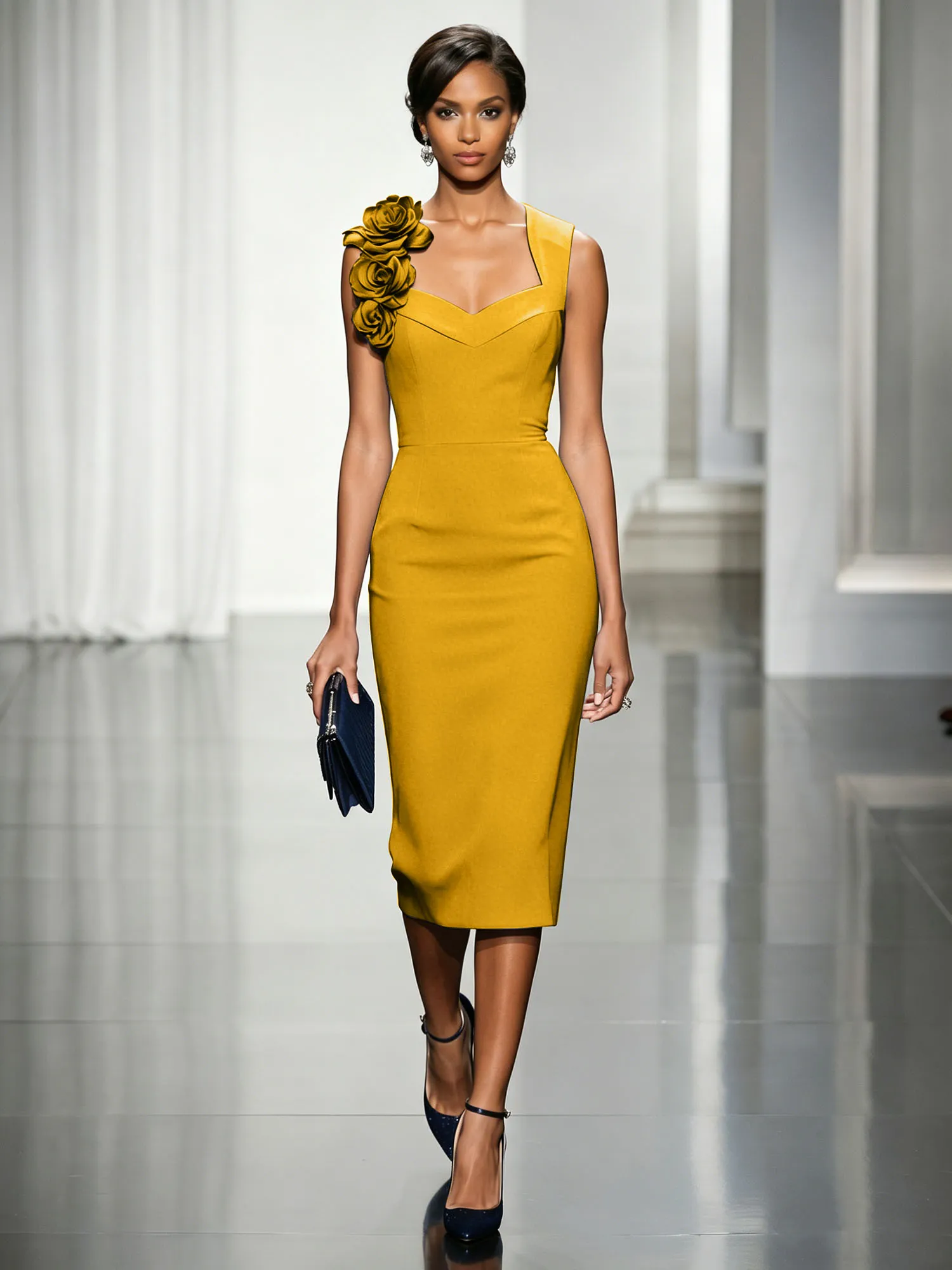Asymmetric Neckline Crepe Midi Dress with 3D Floral Appliqué