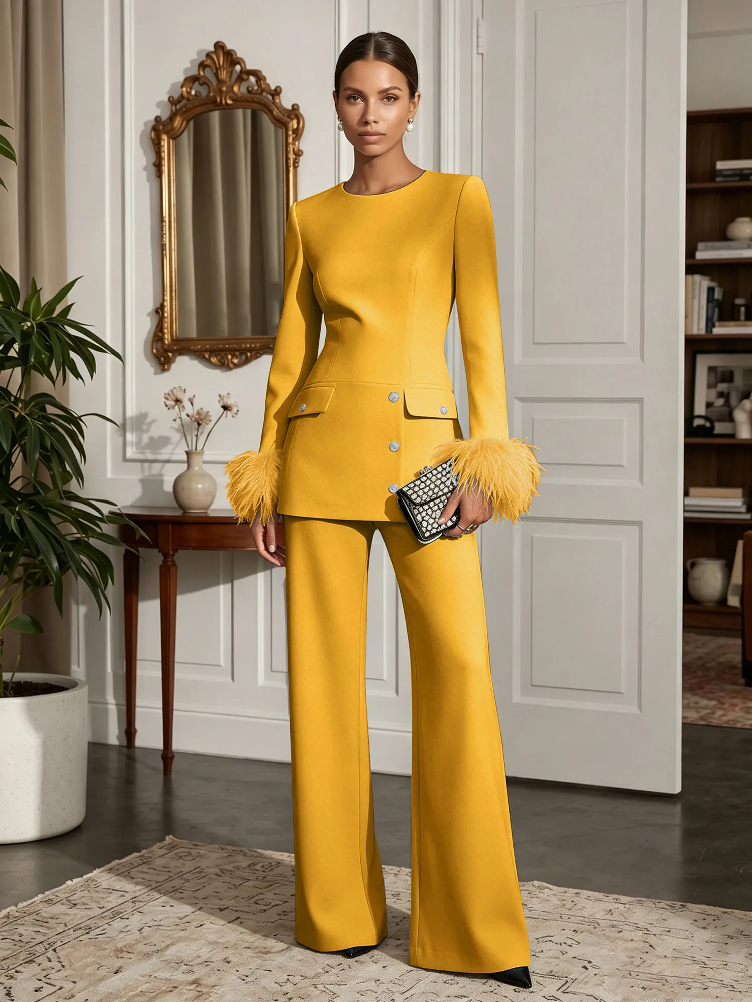 Scoop Neck Feather Cuff Tailored Evening Pant Suit
