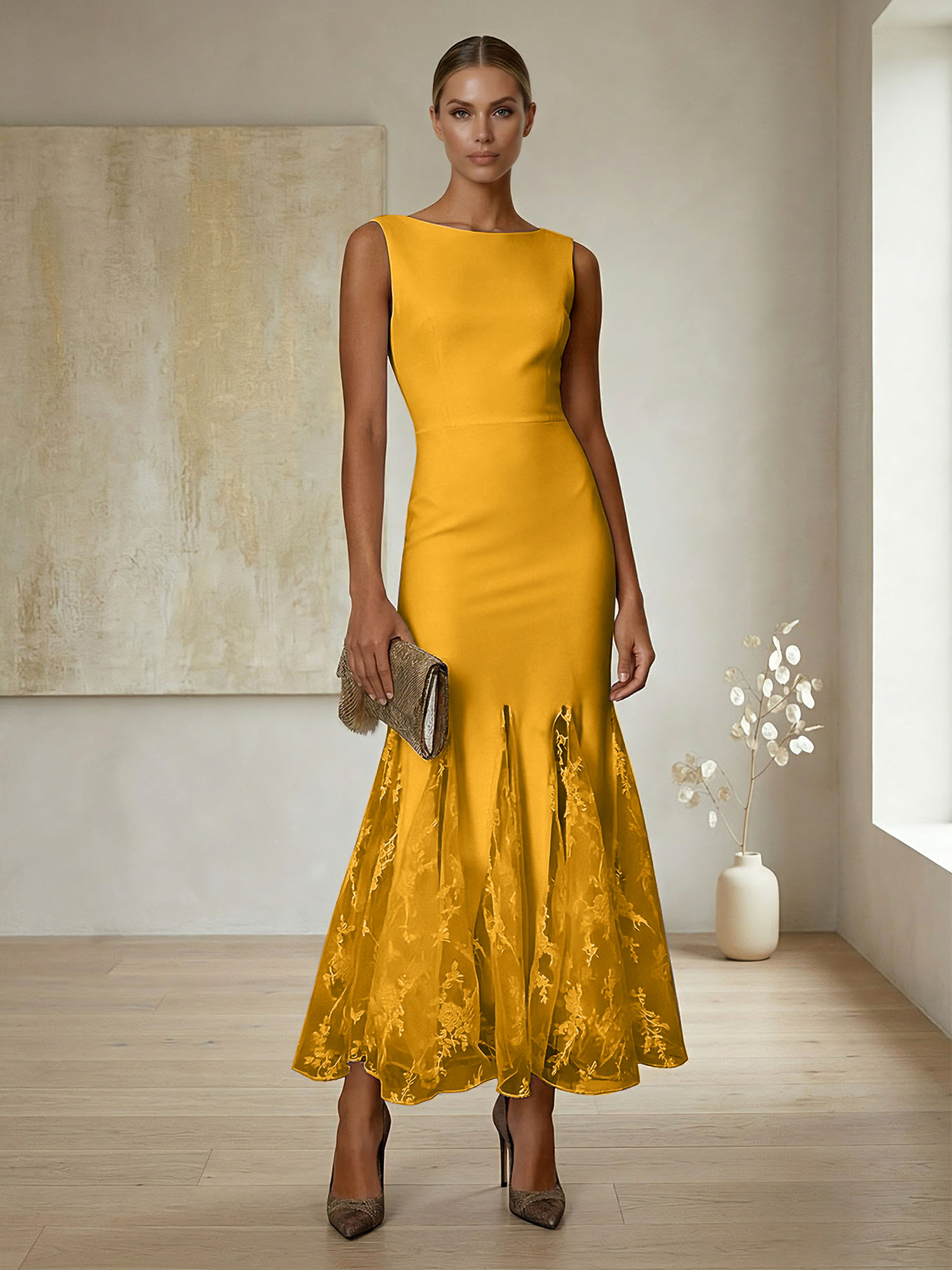 Elegant Formal Evening Gown Lilac Sleeveless Midi Dress with Embroidered Lace Godets