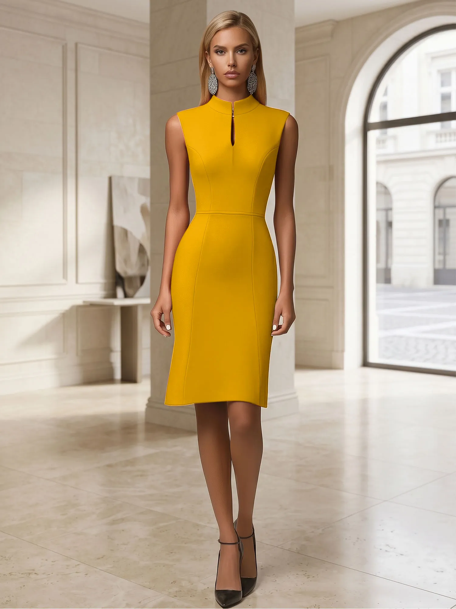Stand Collar Keyhole Neck Crepe Sheath Evening Dress