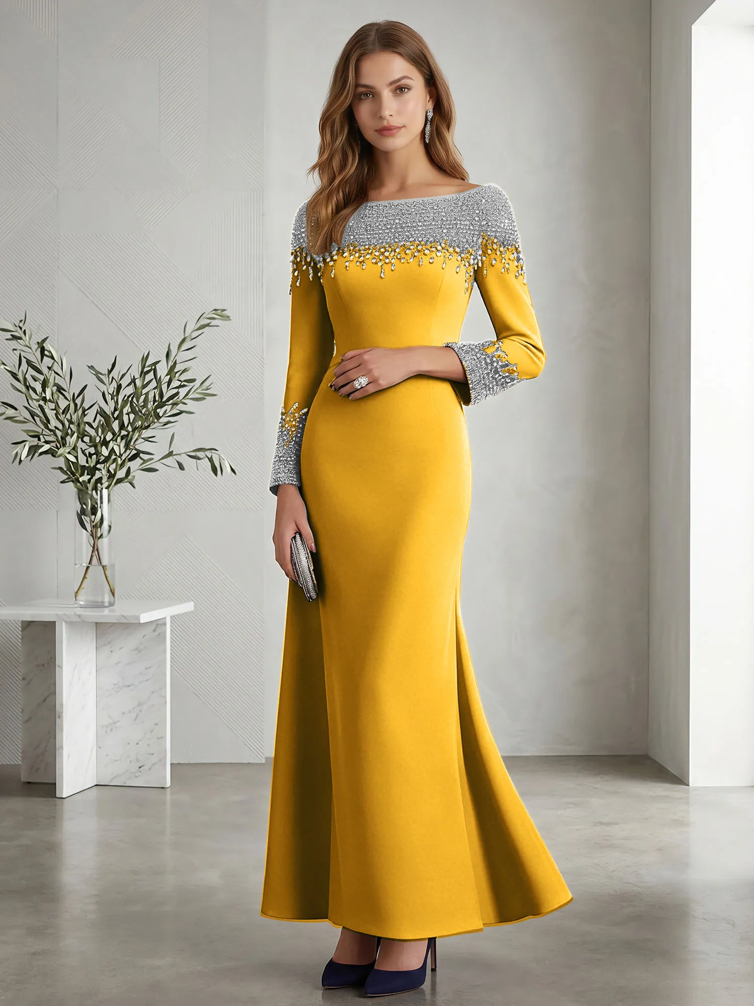 Beaded Off-the-Shoulder Long Sleeve Mermaid Evening Gown