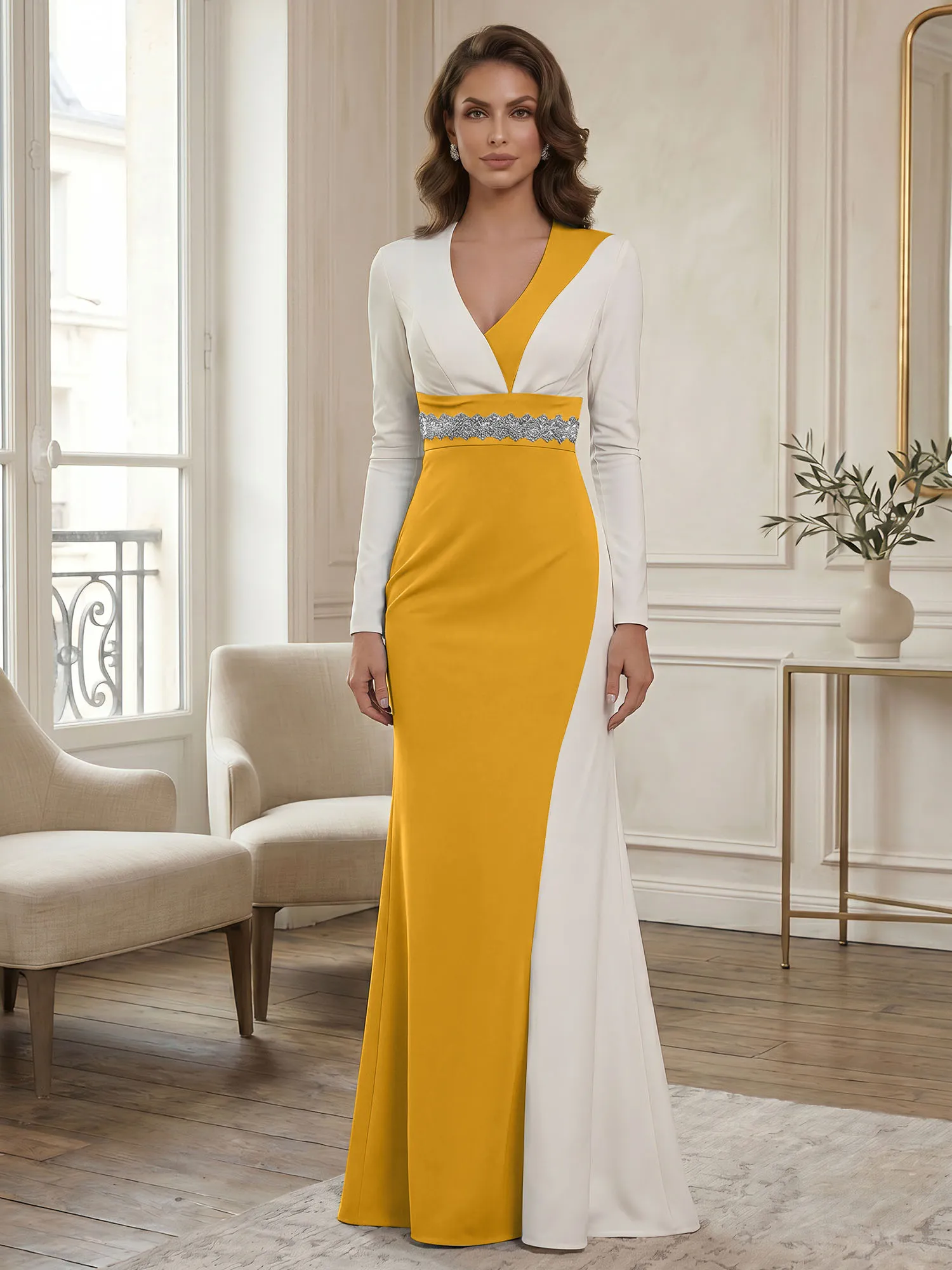 Two-Tone Long Sleeve Mermaid Evening Gown with Beaded Waistband
