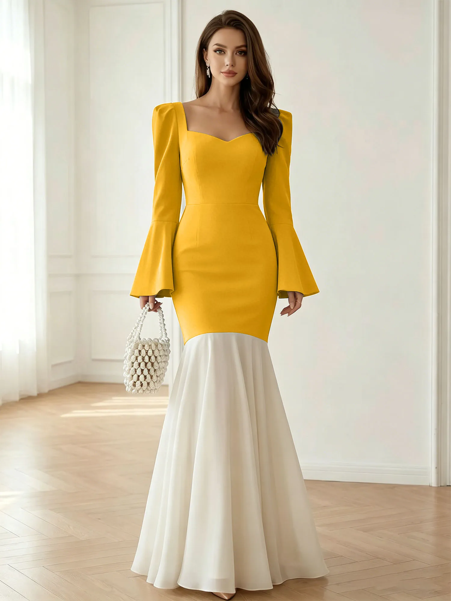 Sweetheart Neck Bell Sleeve Two-Tone Mermaid Evening Gown