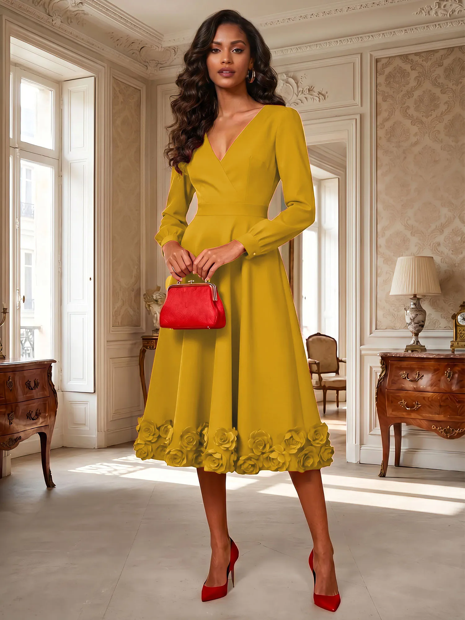 V-Neck Long Sleeve A-Line Midi Evening Dress with 3D Floral Hem