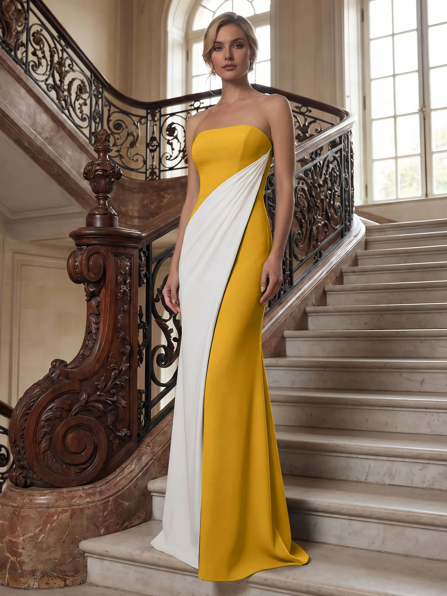 Strapless Two-Tone Draped Mermaid Evening Gown