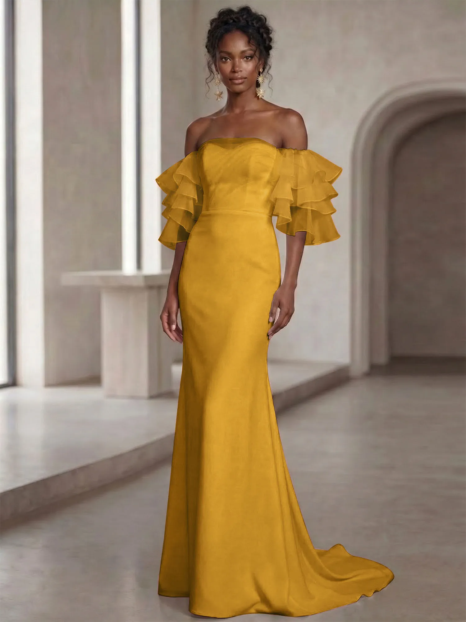 Off-the-Shoulder Tiered Organza Sleeve Mermaid Evening Gown