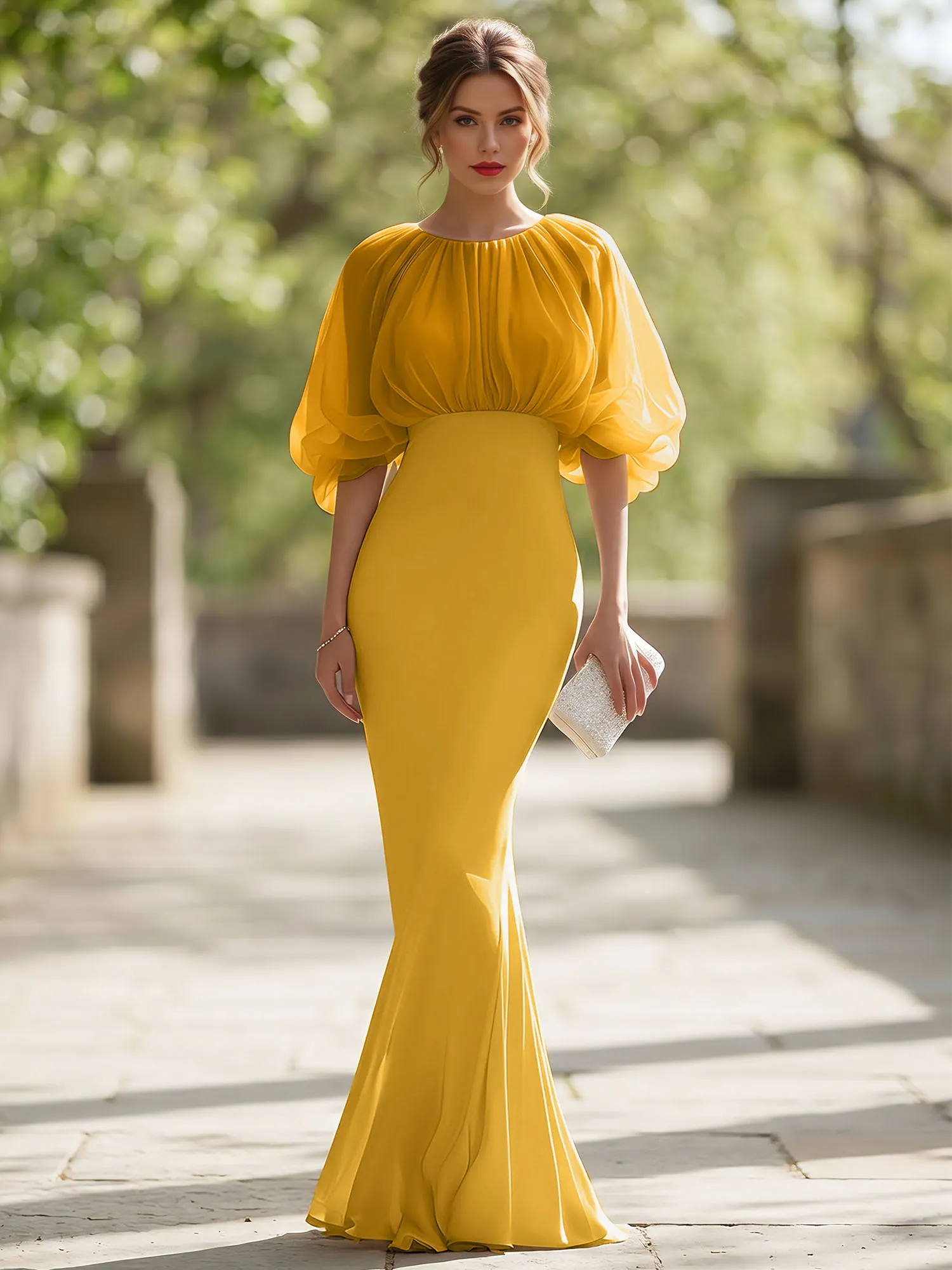 Bateau Neck Organza Bubble Sleeve Mermaid Evening Gown