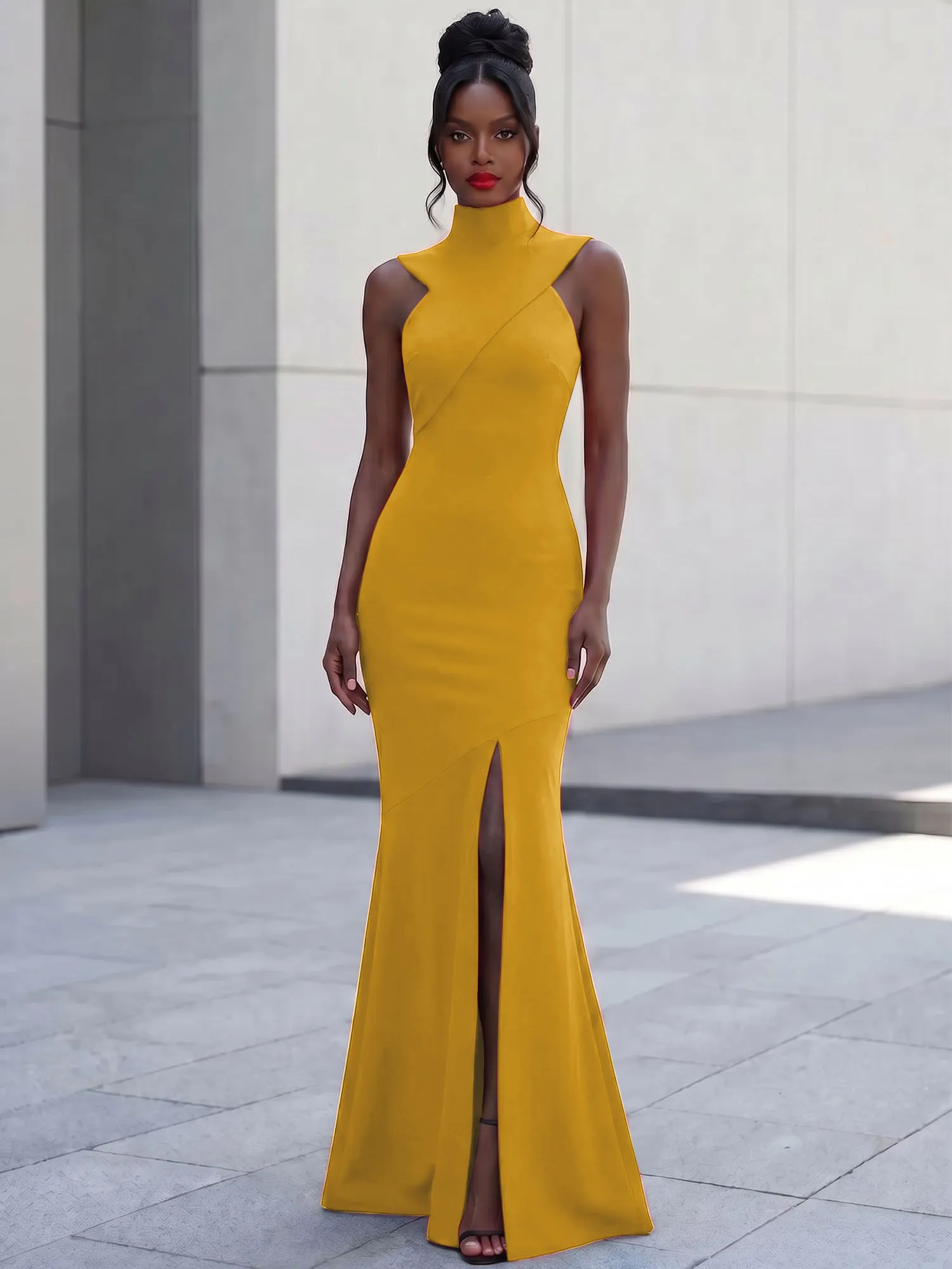 High Neck Asymmetric Cutout Mermaid Evening Gown
