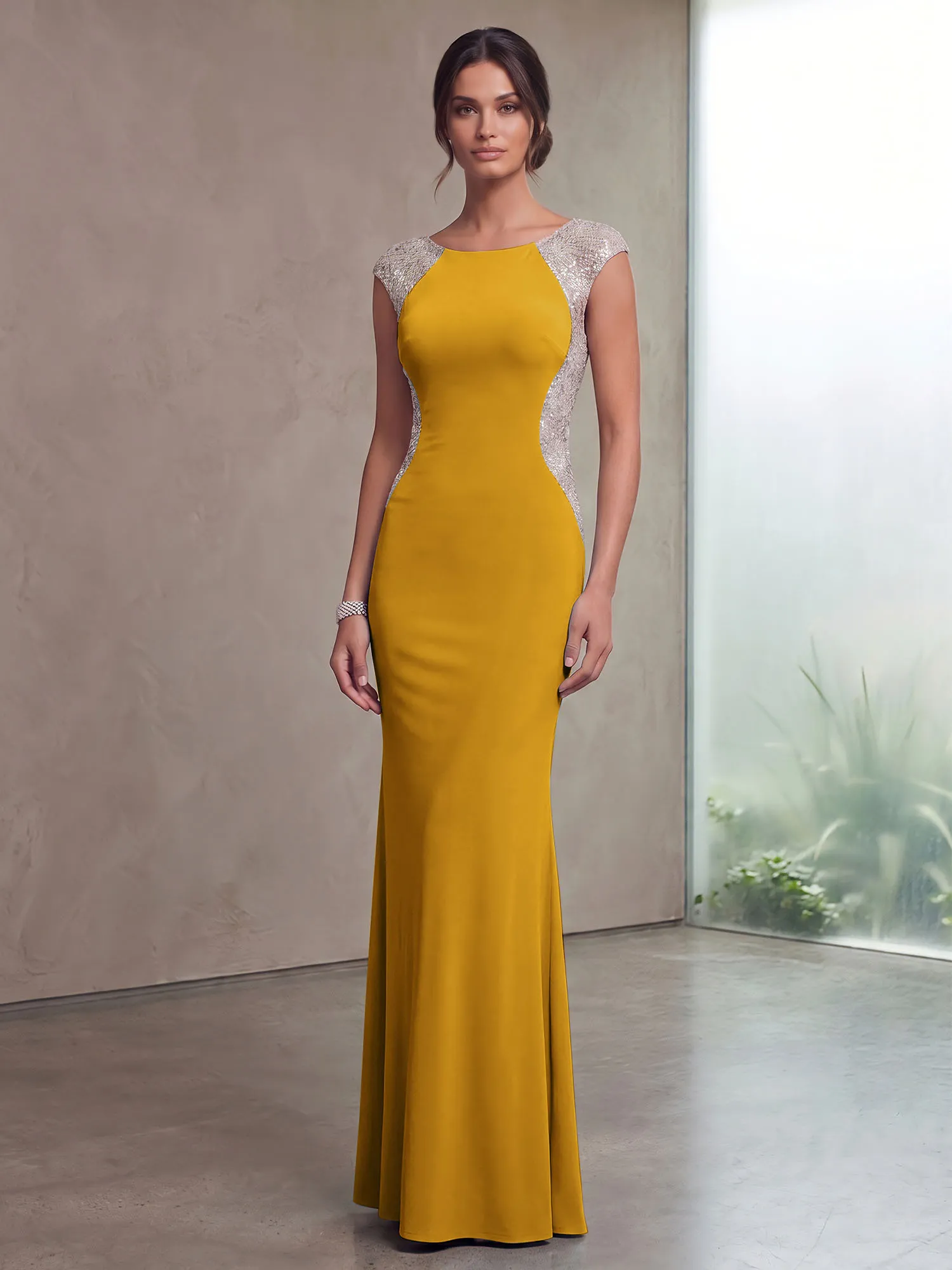 Bateau Neck Sequins Cap Sleeve Mermaid Evening Gown