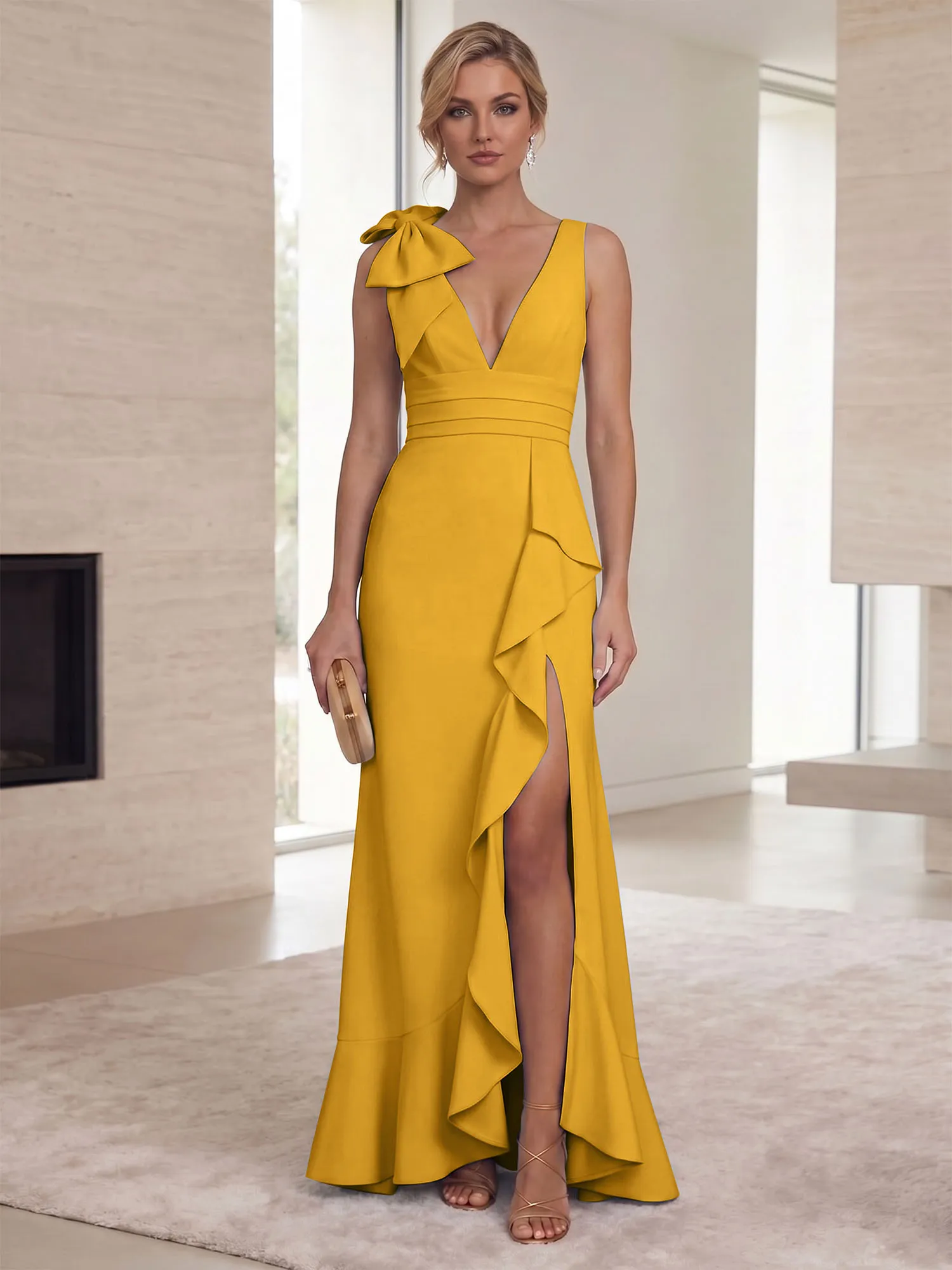 Deep V-Neck Bow-Shoulder Ruffle Slit Mermaid Evening Gown