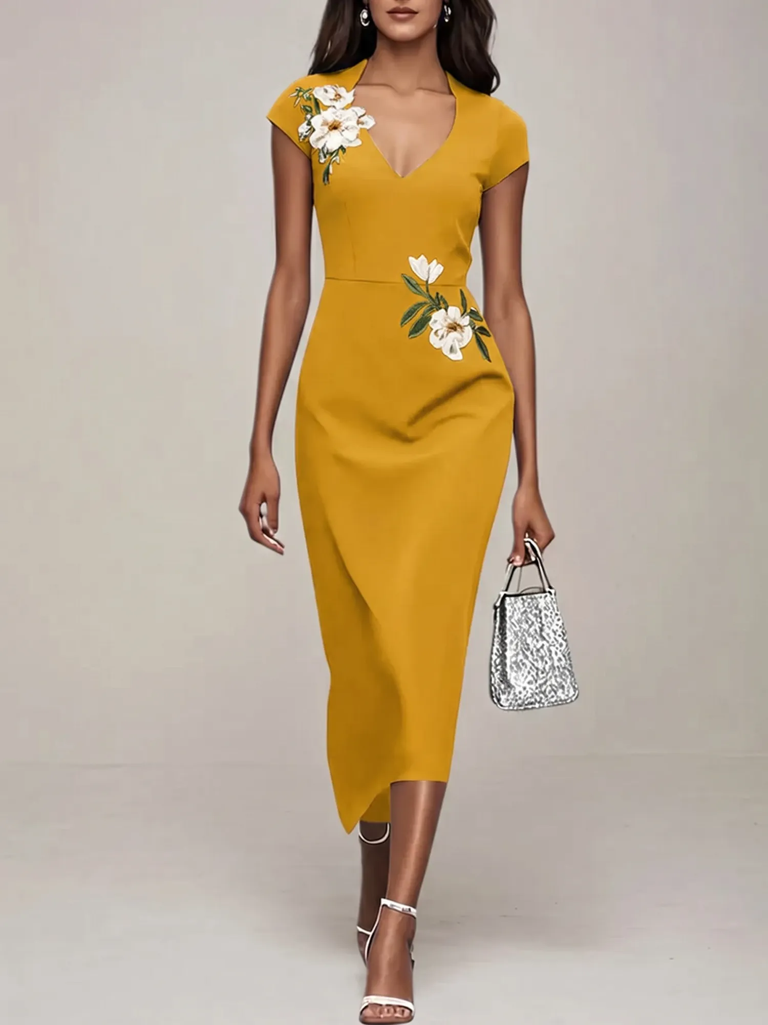 V-Neck Cap Sleeve Floral Embroidered Sheath Evening Dress