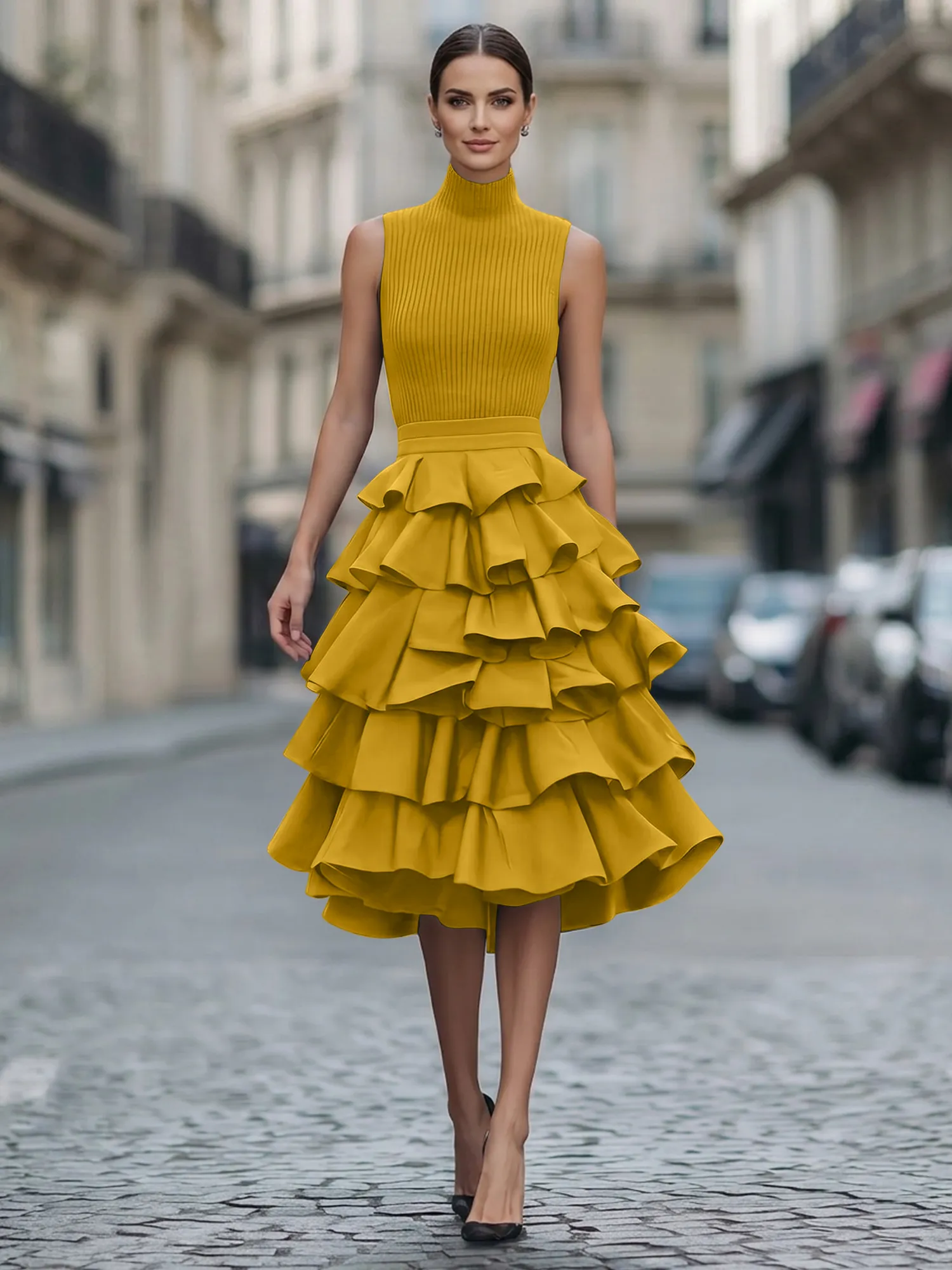 A Line High-Neck Pleated Tiered Evening Dress Maxi Dress