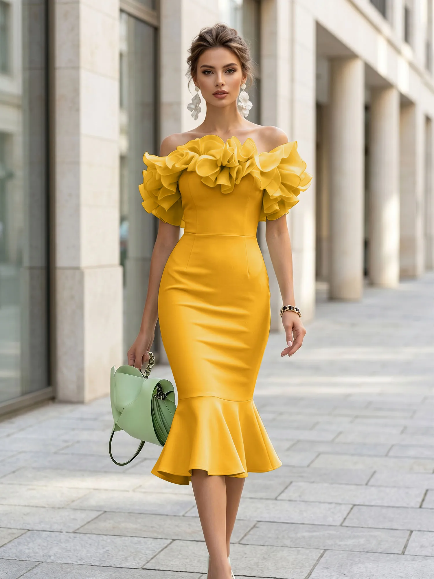 Off-the-Shoulder Ruffle Midi Midi Cocktail Dress Evening Dress