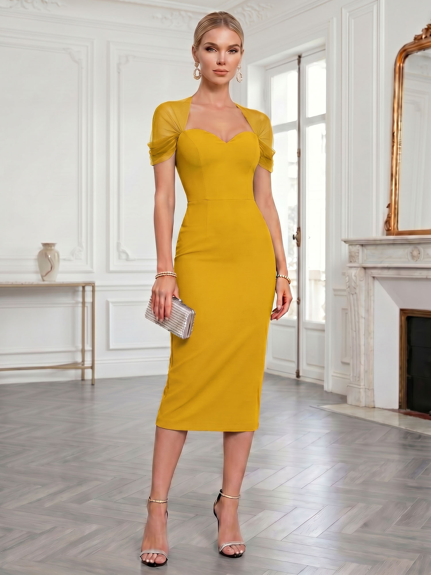 Sophisticated Black Mesh-Draped Sweetheart Midi Evening Gown