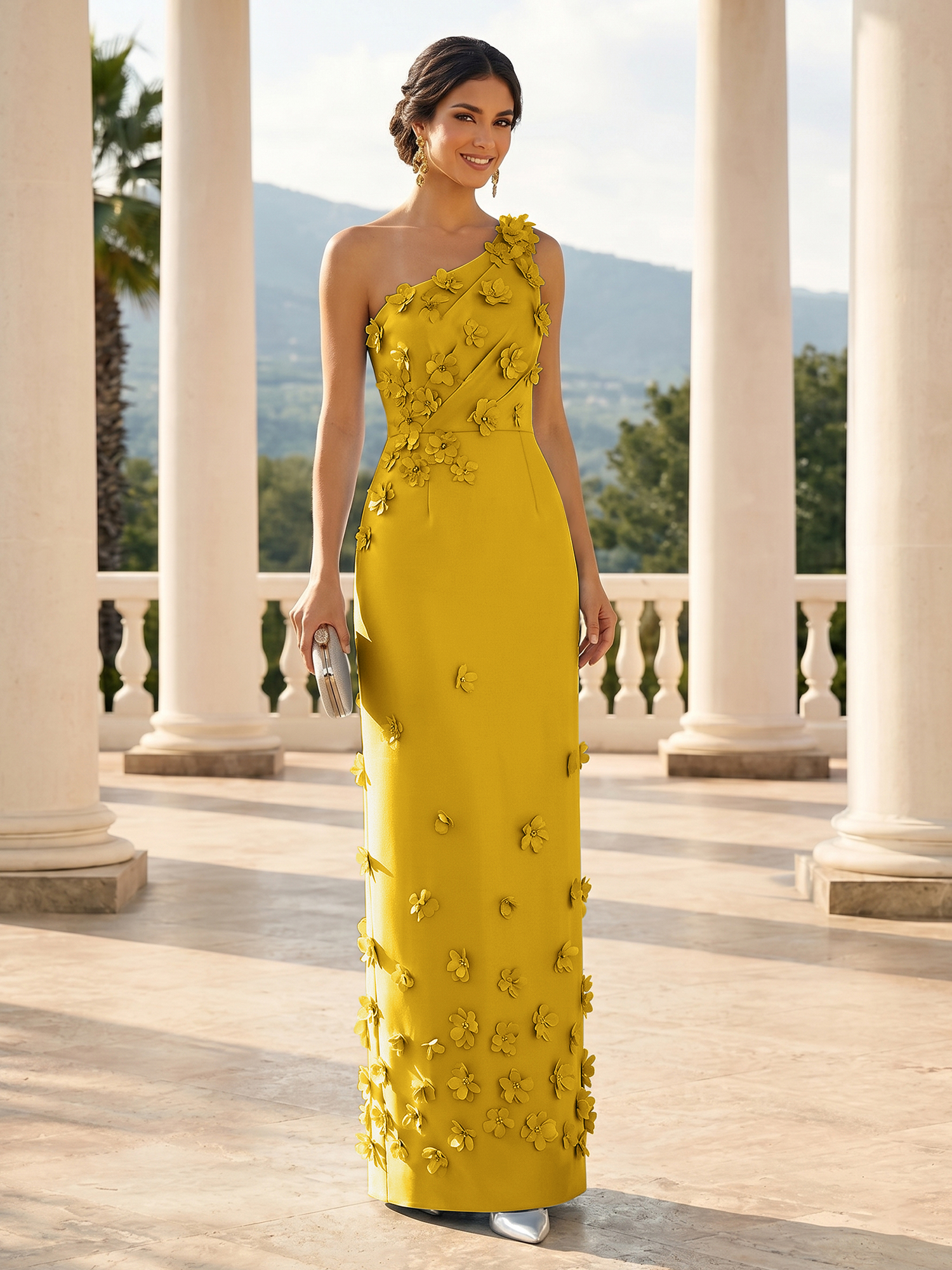 Enchanting Sky Blue One-Shoulder Evening Dress with 3D Floral Appliqués