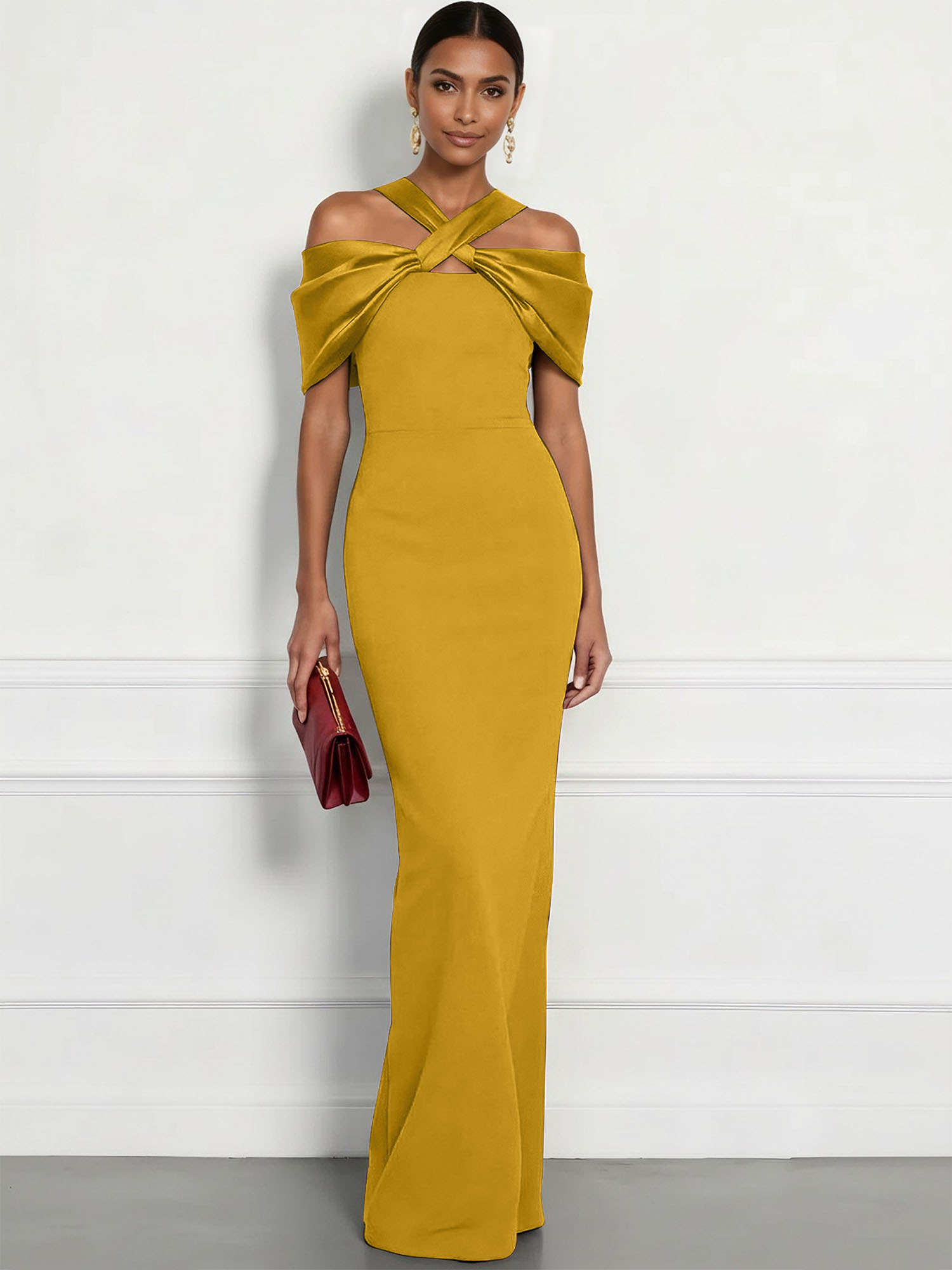  Regal Plum Crepe Column Gown with Satin Criss-Cross Halter Maxi Dress