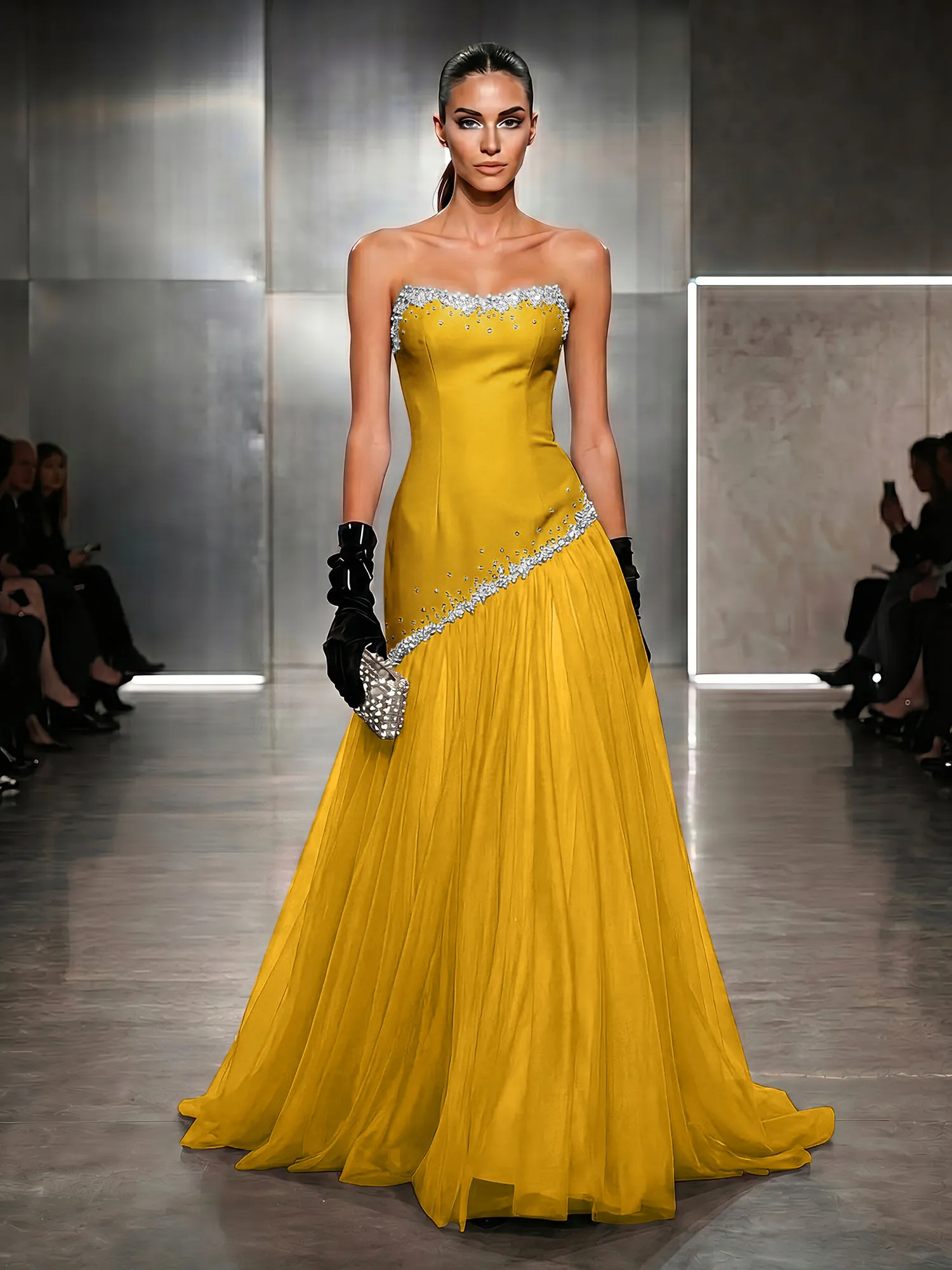 Strapless Tulle Beaded Corset Evening Gown Maxi Dress