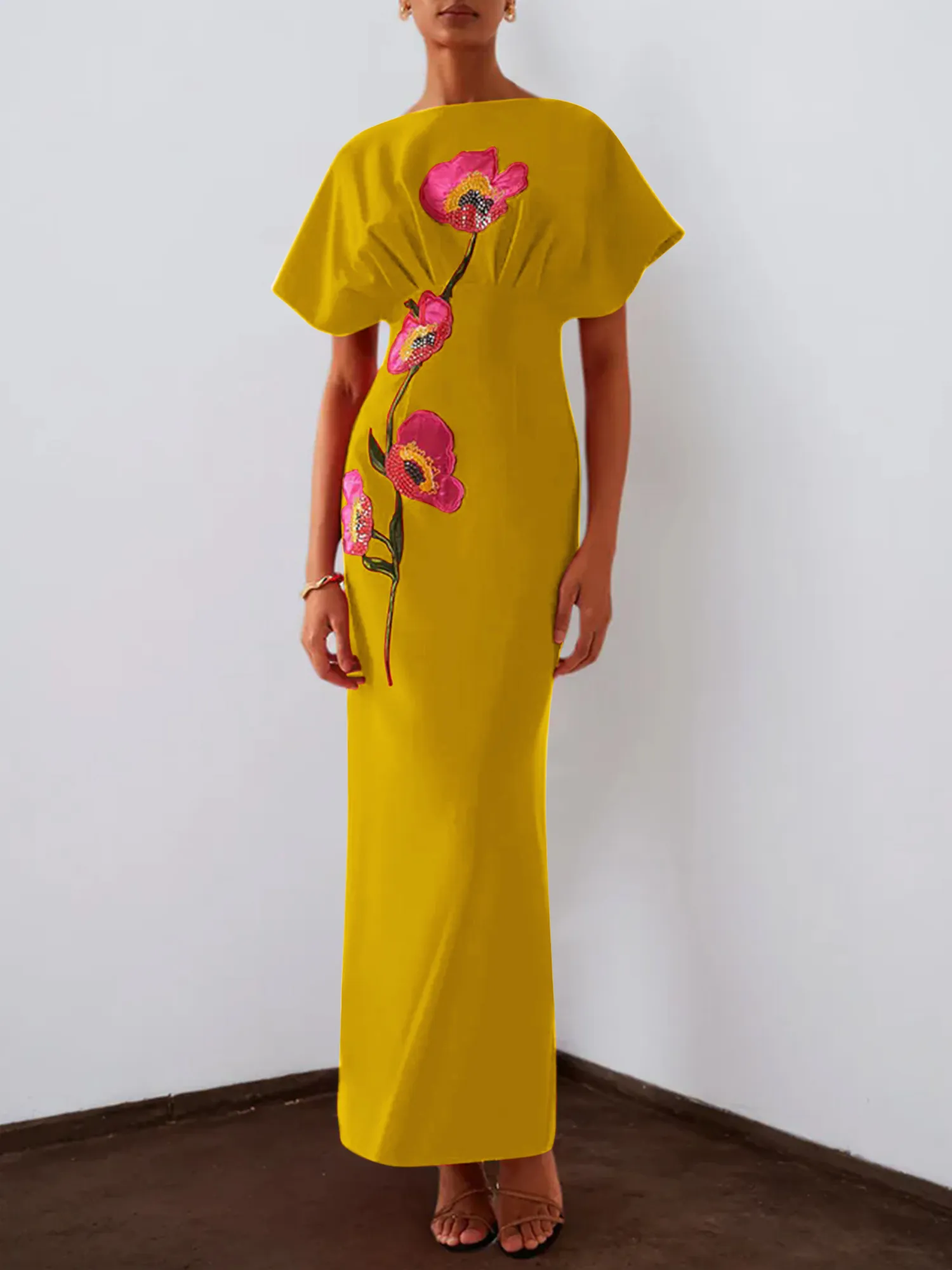 Floral Embroidered Boat Neck Batwing Sleeve Column Evening Gown