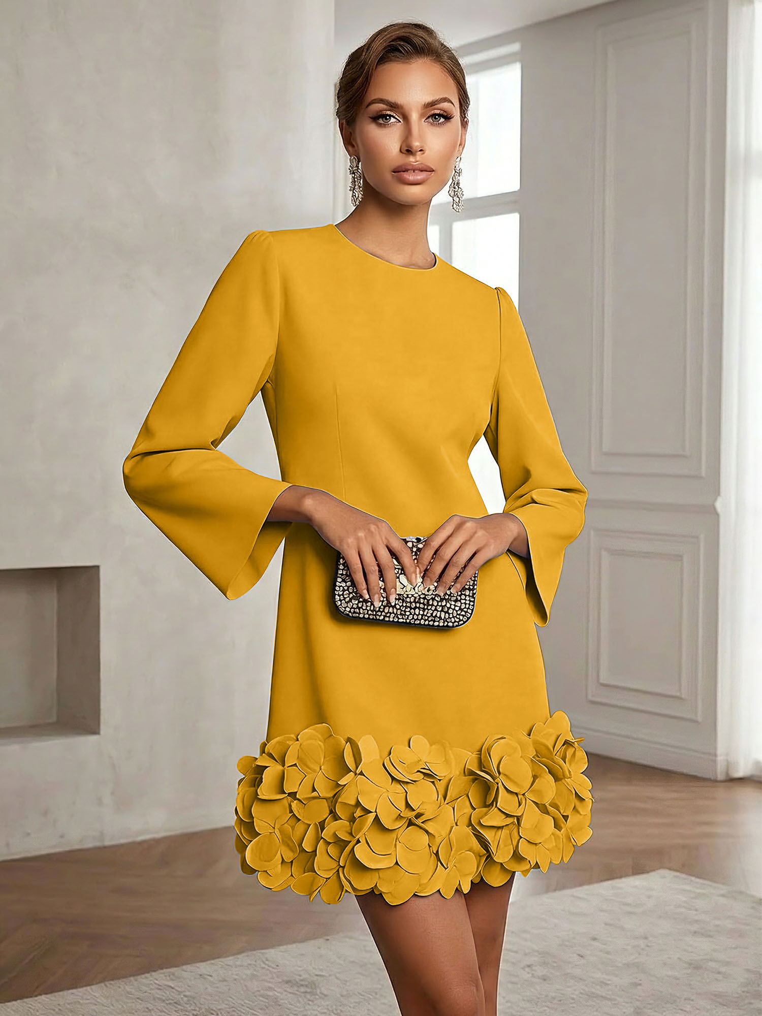 Powder Blue 3D Floral Classic Crew Neck Bell Long Sleeve Shift Mini Dress