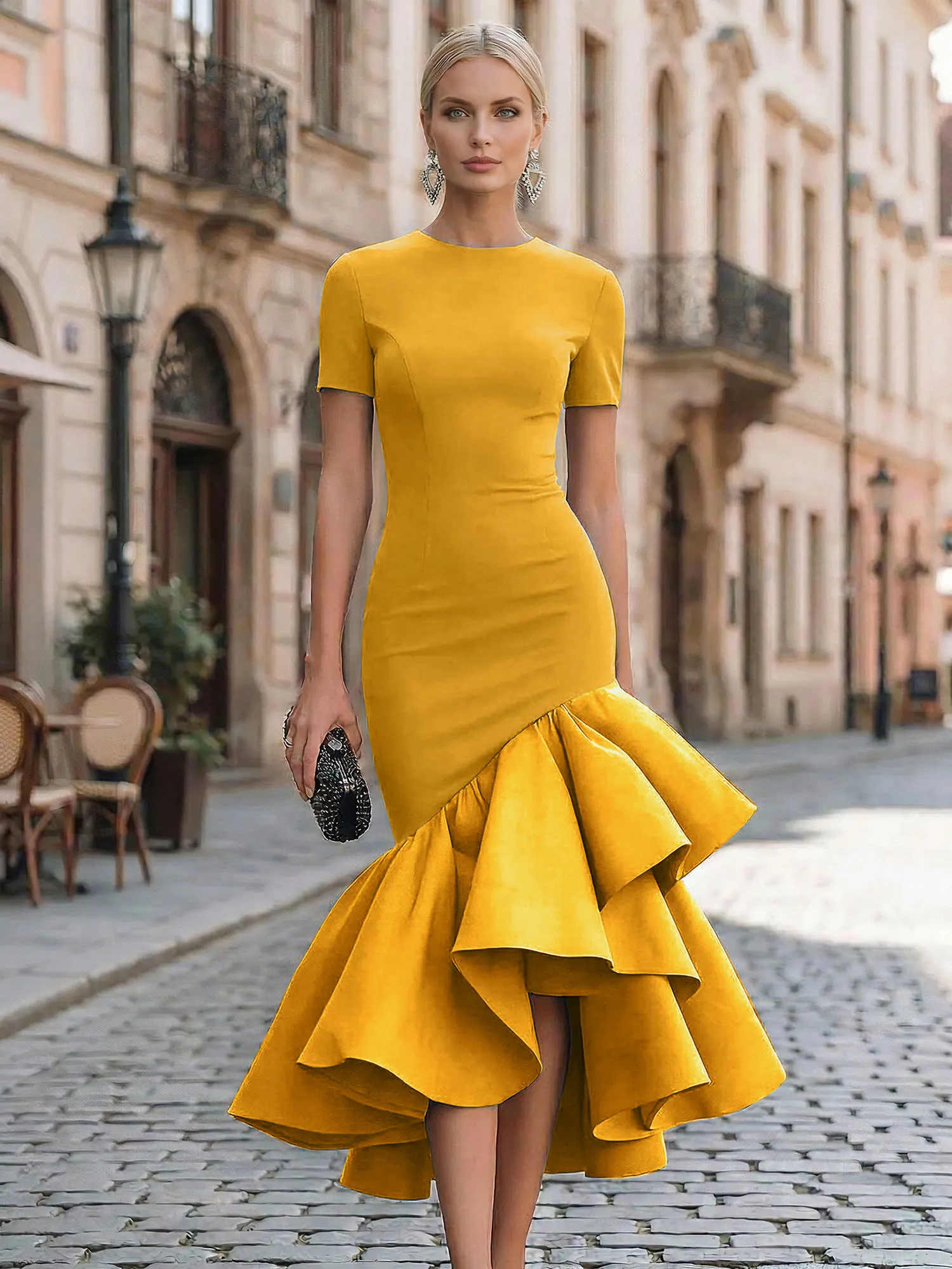 Evening Foraml Gown Avant-Garde Black Short-Sleeve Tiered Ruffle Midi Dress