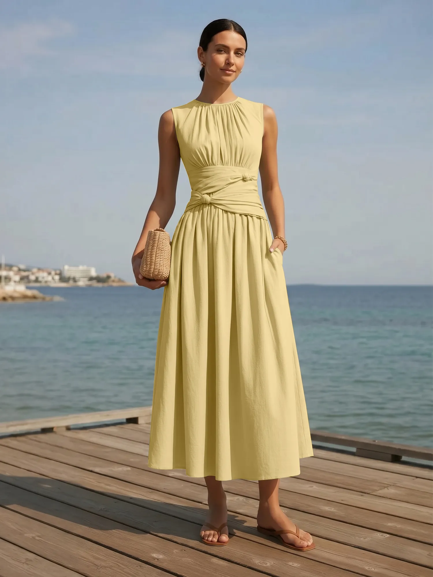 Sleeveless Round Neck Waist-Knot Midi Evening Dress
